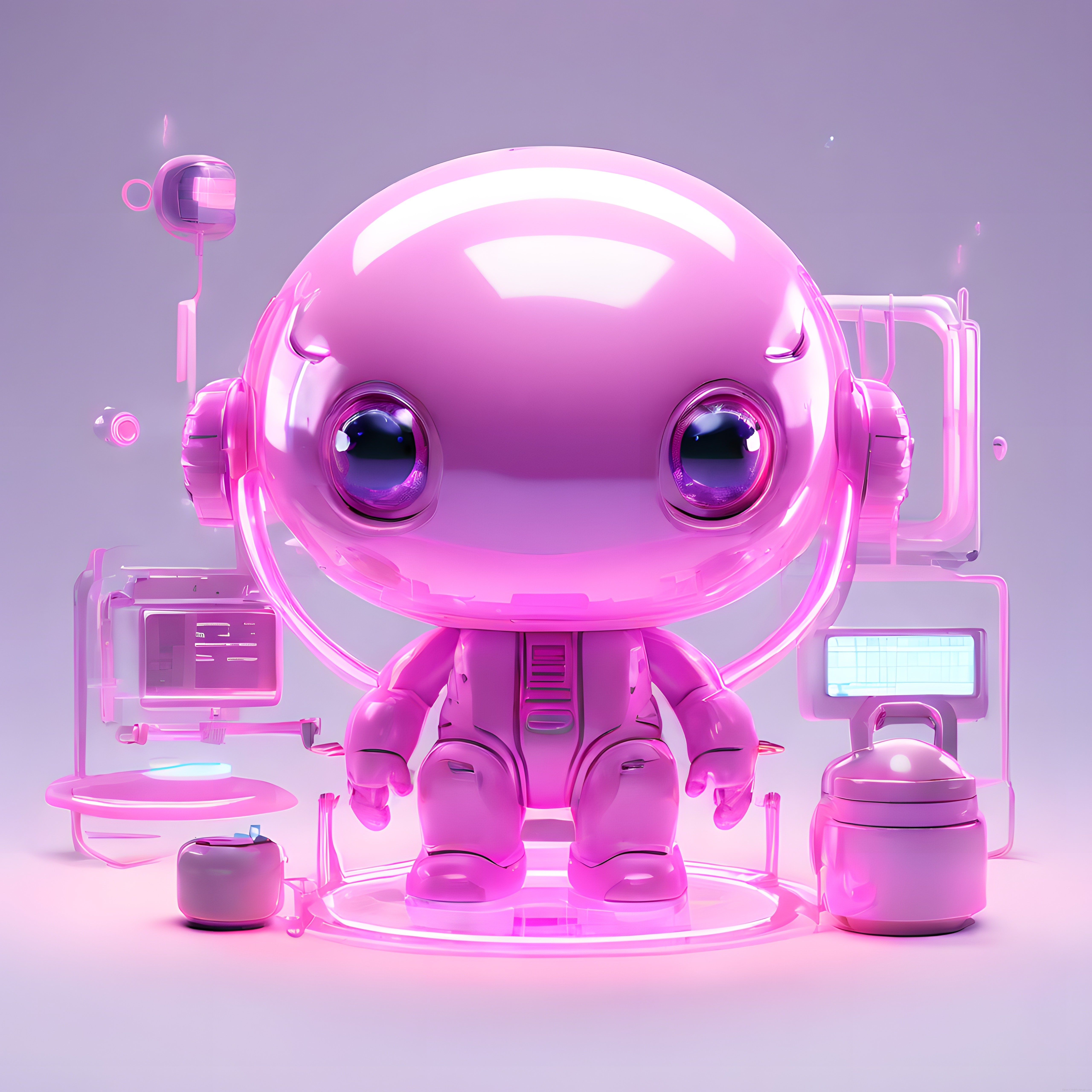 Pembe Neon Işıklı Sevimli Robot Karakteri ve Geleceğin Teknolojik Laboratuvarı