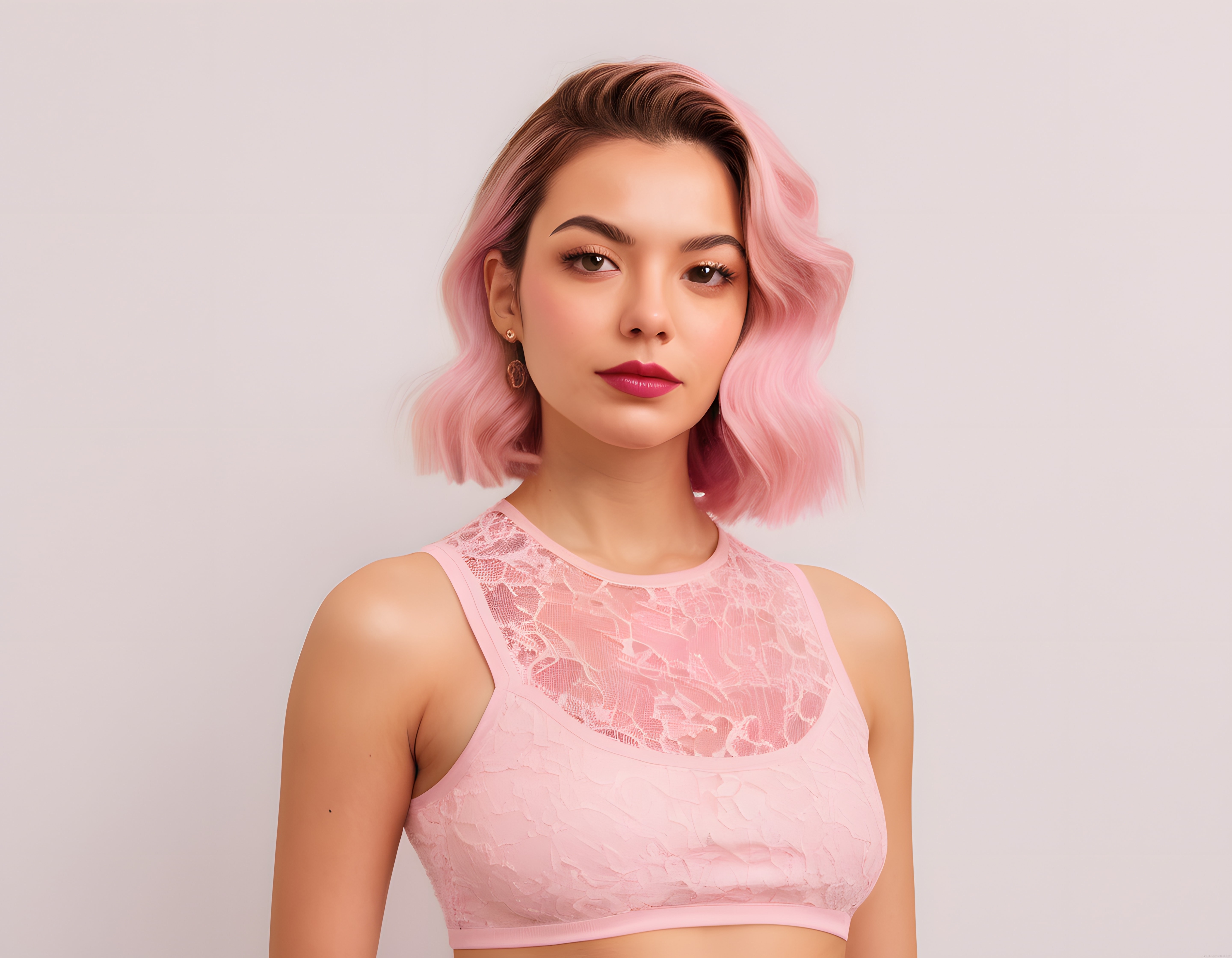 Pembe Ombre Bob Saçlı Kadın ve Dantel Spor Sütyeni ile Modern Güzellik