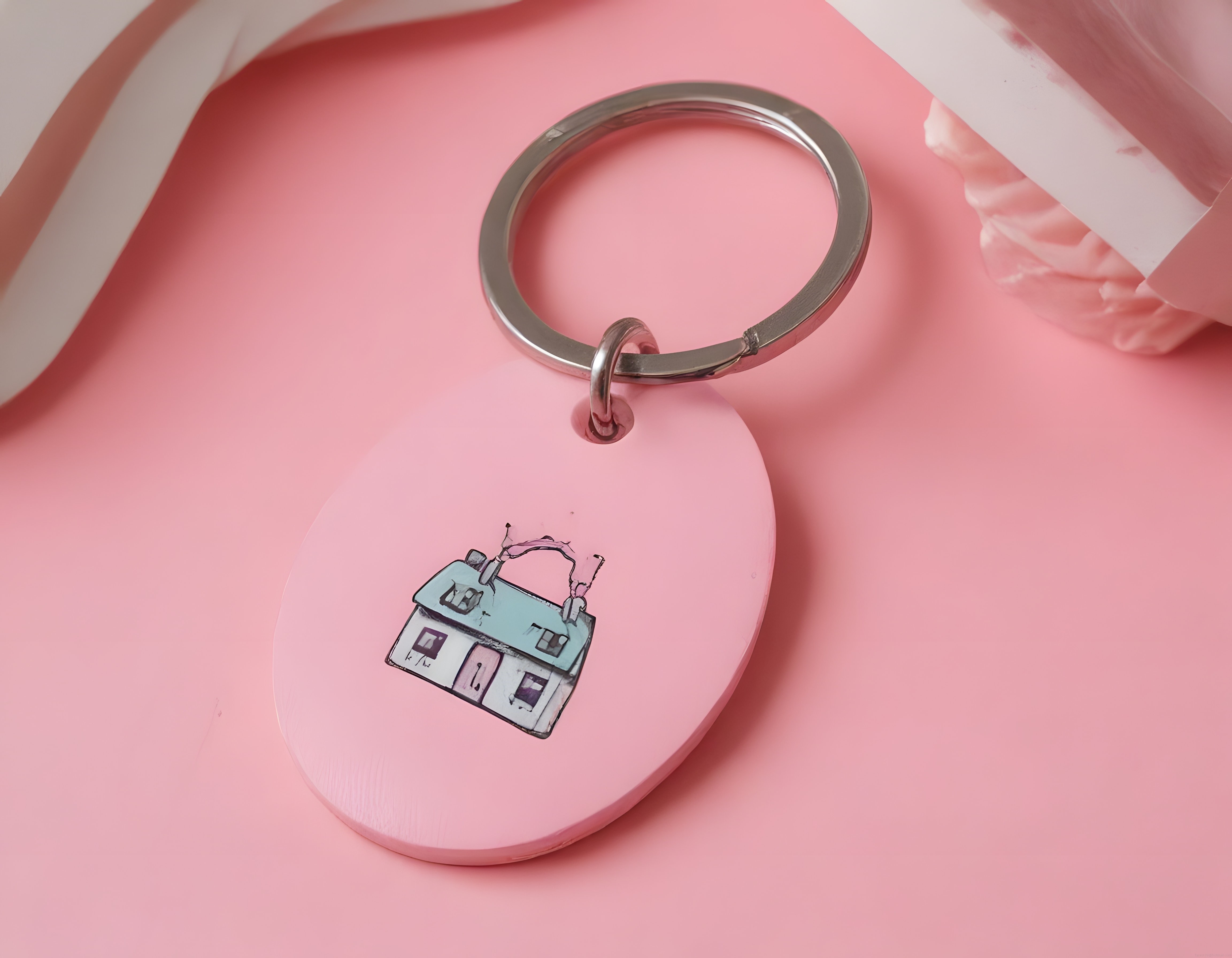 Pembe Oval Anahtarlık Üzerinde Sevimli Suluboya Ev Çizimi ve Metal Halka
