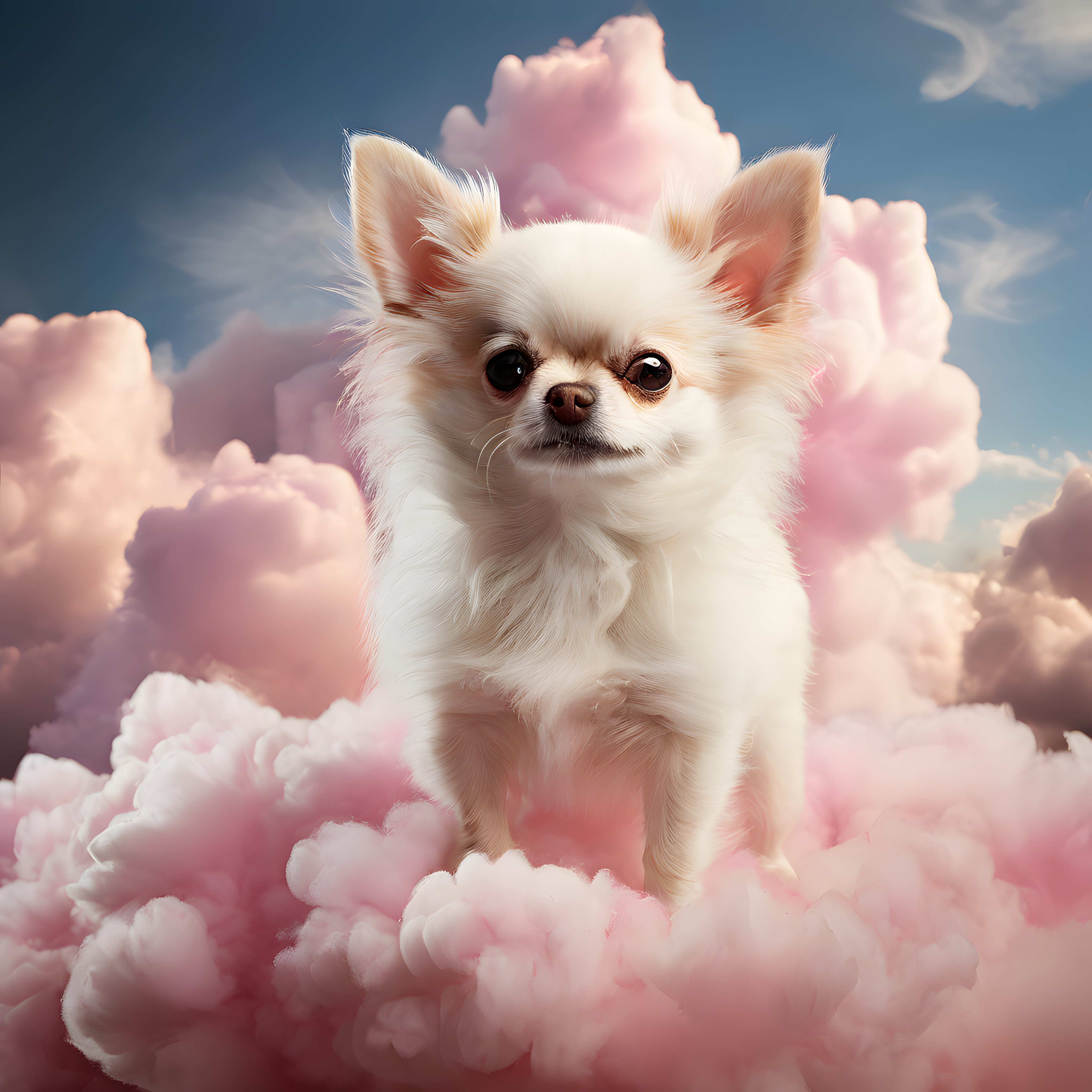 Pembe pamuk şeker bulutlar arasında duran masalsı beyaz chihuahua köpeği