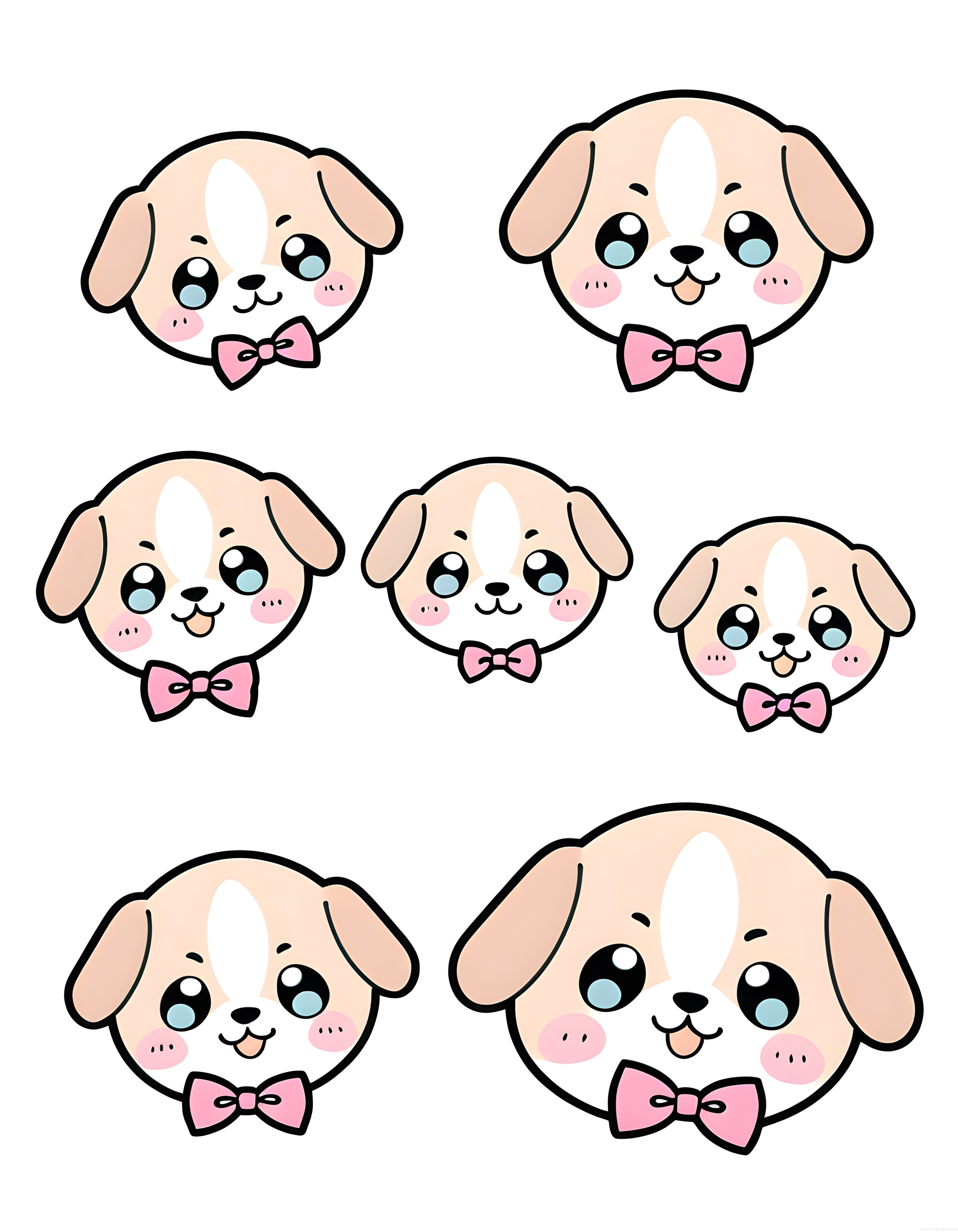 Pembe Papyonlu Sevimli Köpek Yüzü Kawaii Dijital Çizim ve Sticker Seti