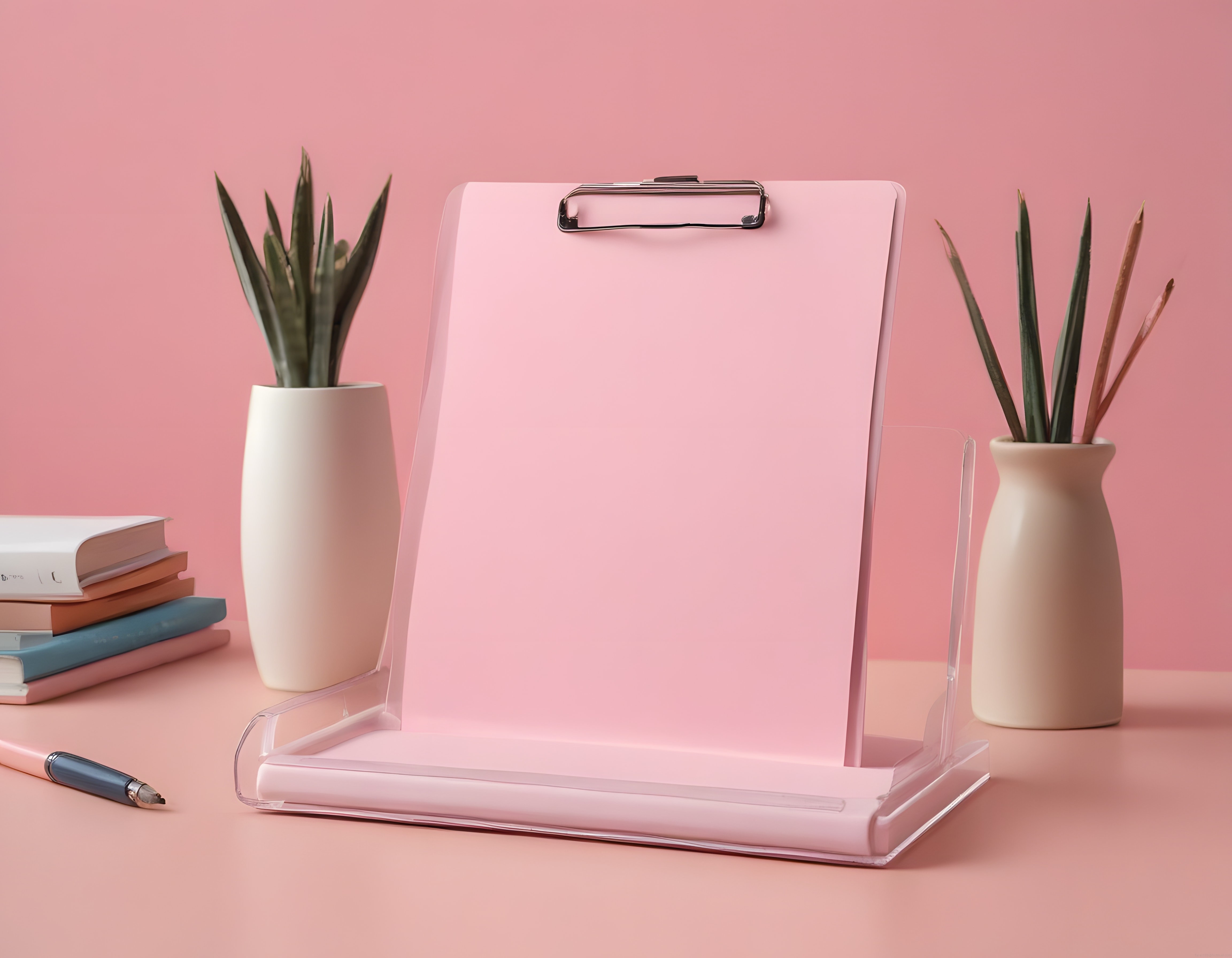 Pembe Pastel Arka Planda Minimalist Masa Düzeni ve Boş Clipboard Mockup