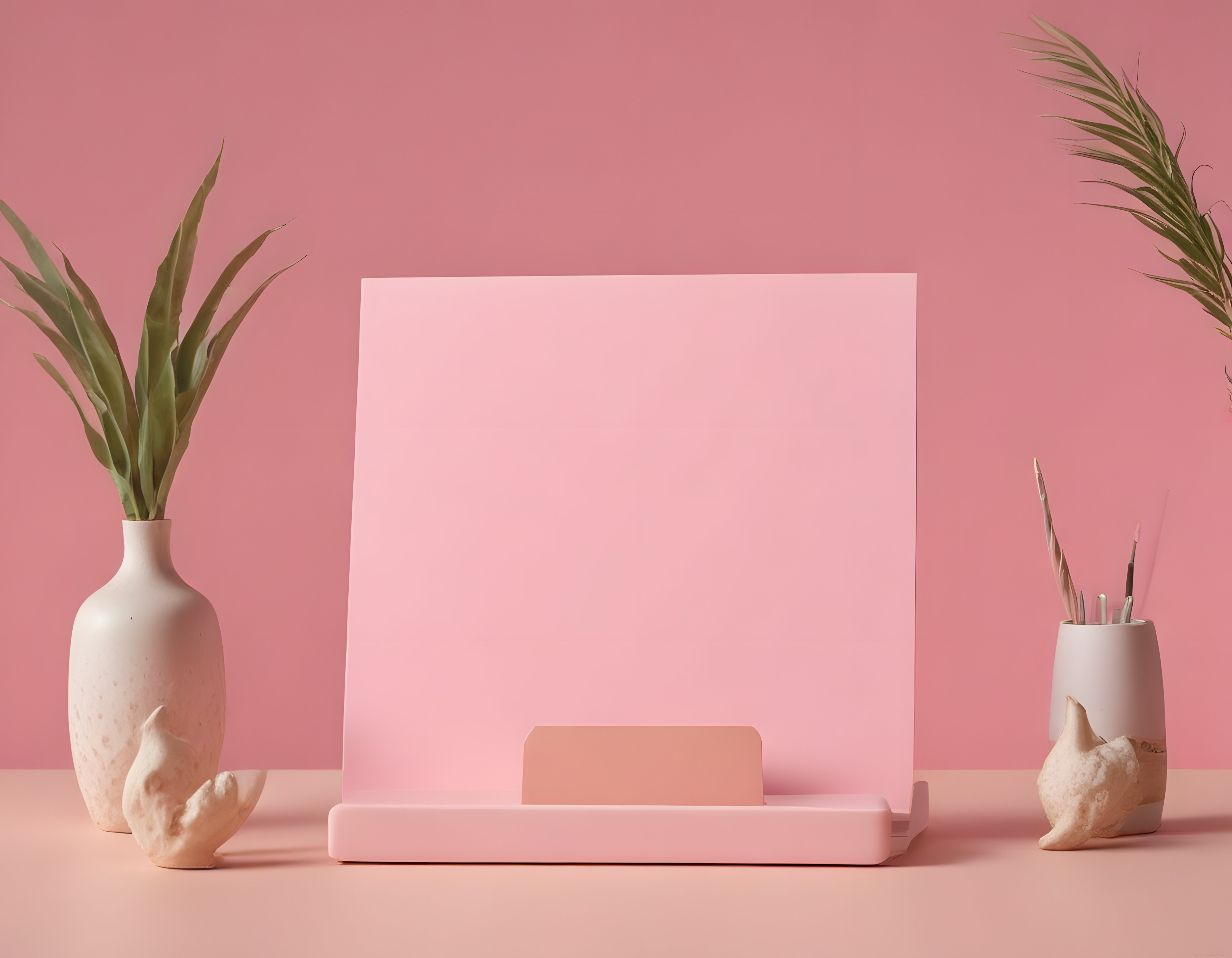 Pembe Pastel Arka Planda Modern Dekoratif Poster Mockup ve Seramik Vazolar