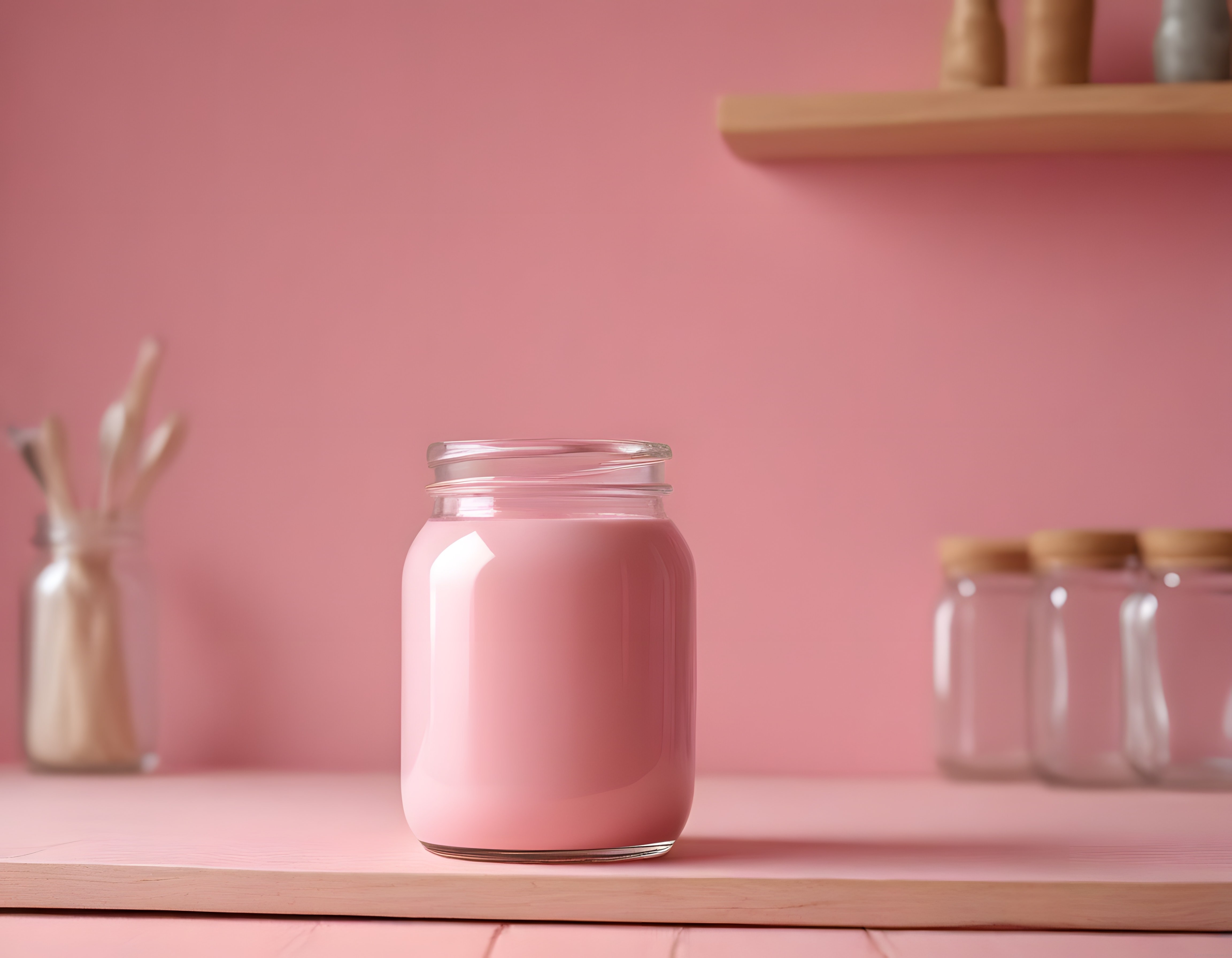 Pembe pastel mutfakta cam kavanozda ev yapımı smoothie ve minimalist dekor