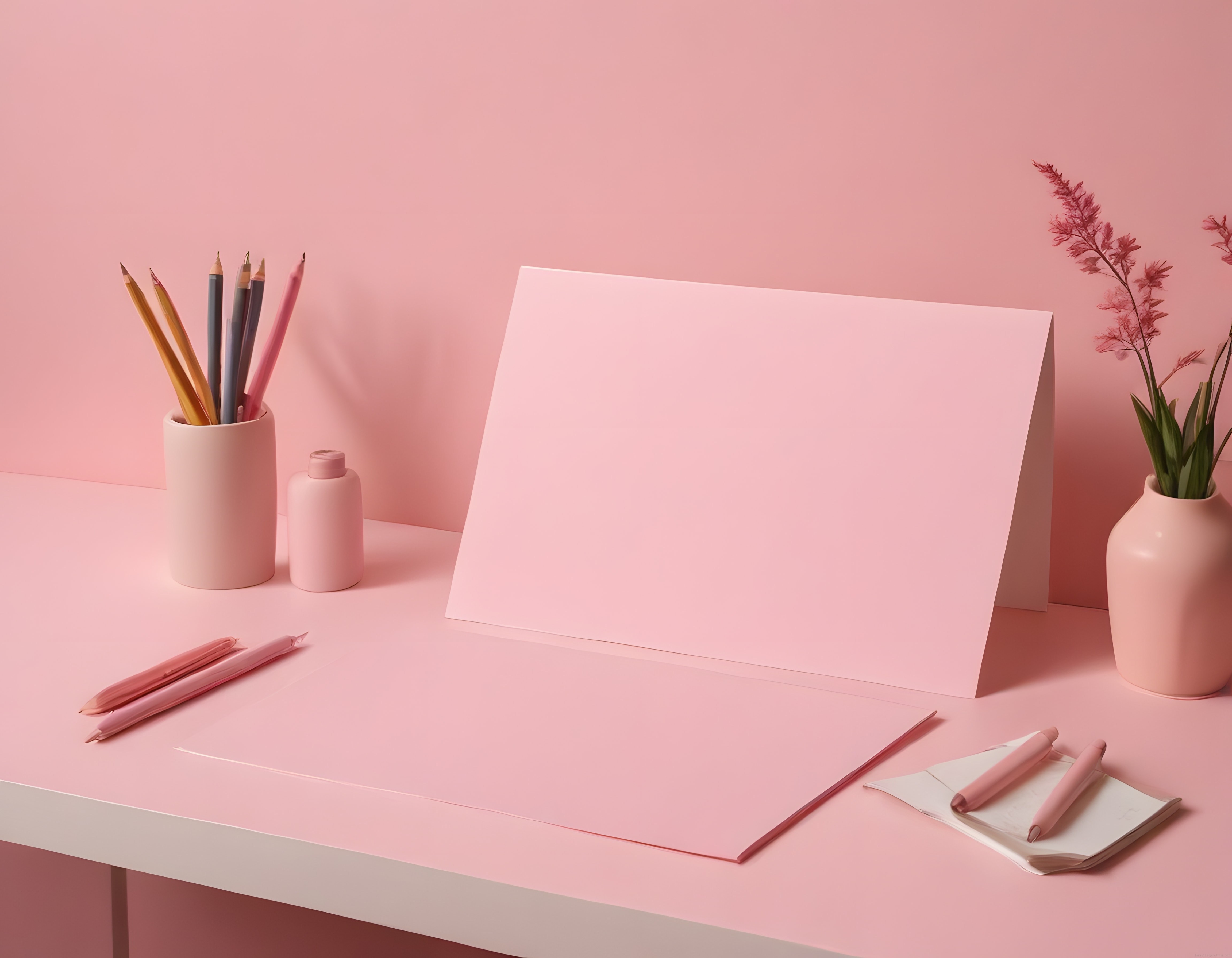 Pembe Pastel Tonlarda Minimalist Çalışma Masası Düzeni ve Kırtasiye Malzemeleri