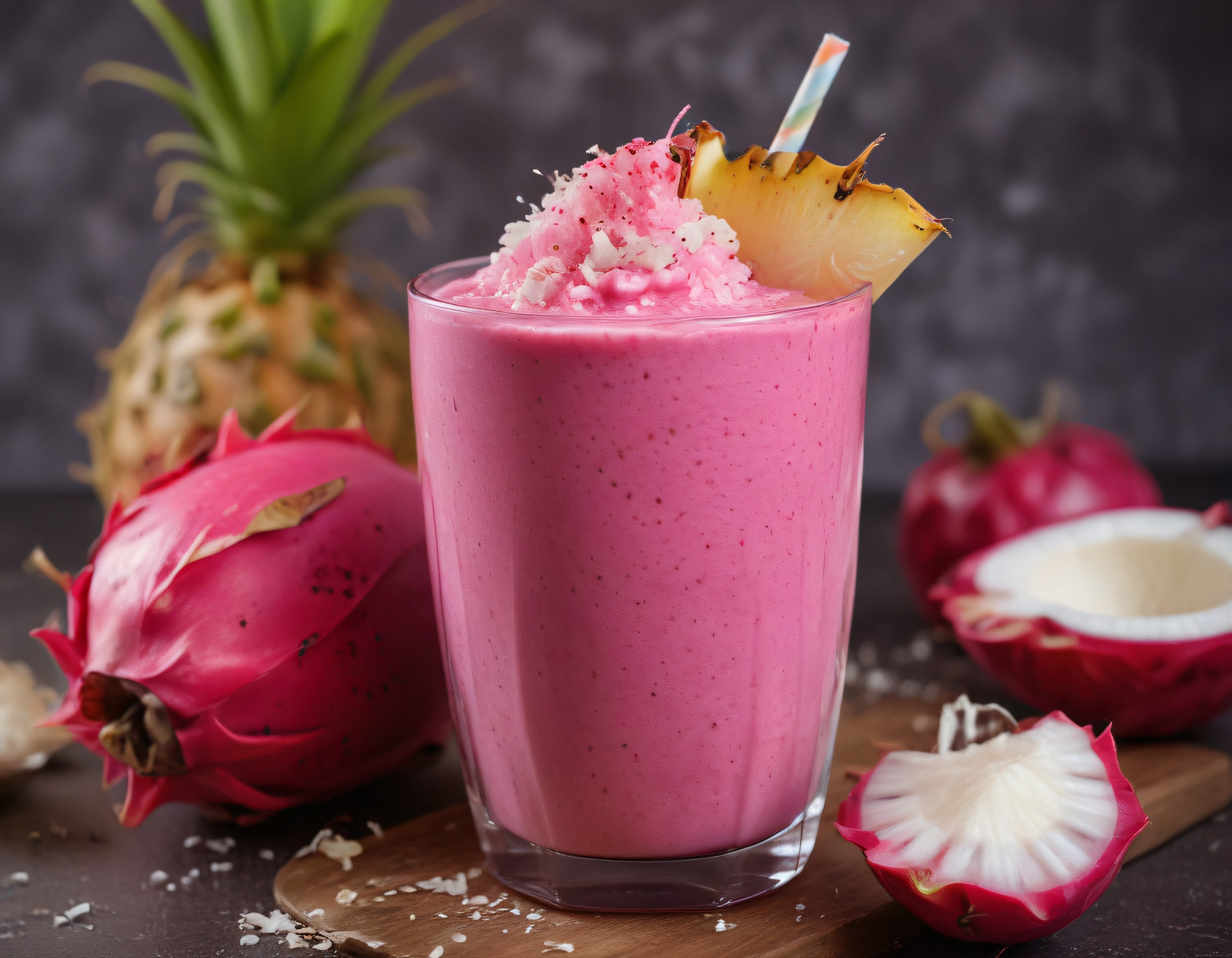 Pembe Pitaya Smoothie Bardakta Ananas ve Hindistan Cevizi ile Sunum