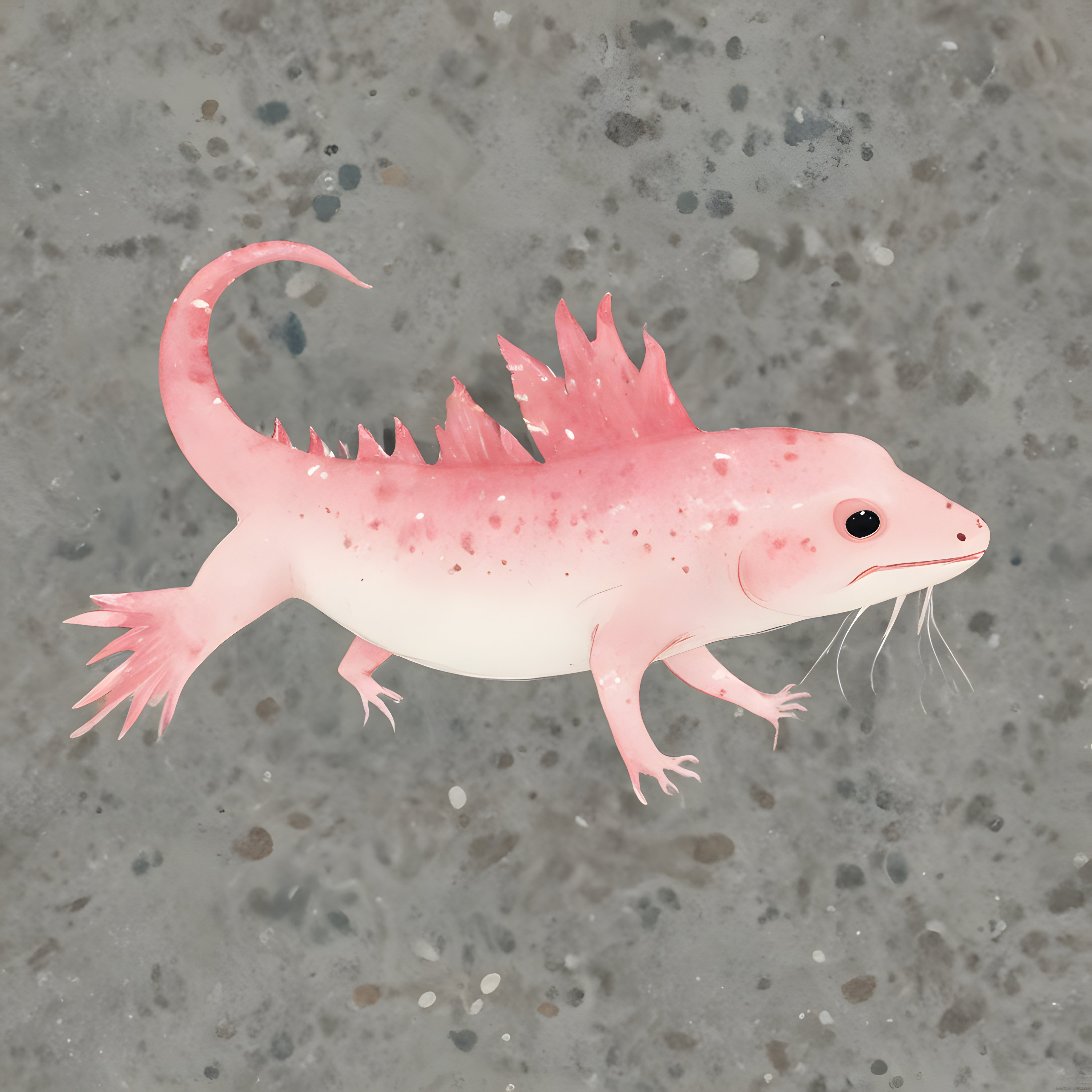 Pembe renkli, sırtında dikenli yelpazeler olan fantastik bir salamander çizimi