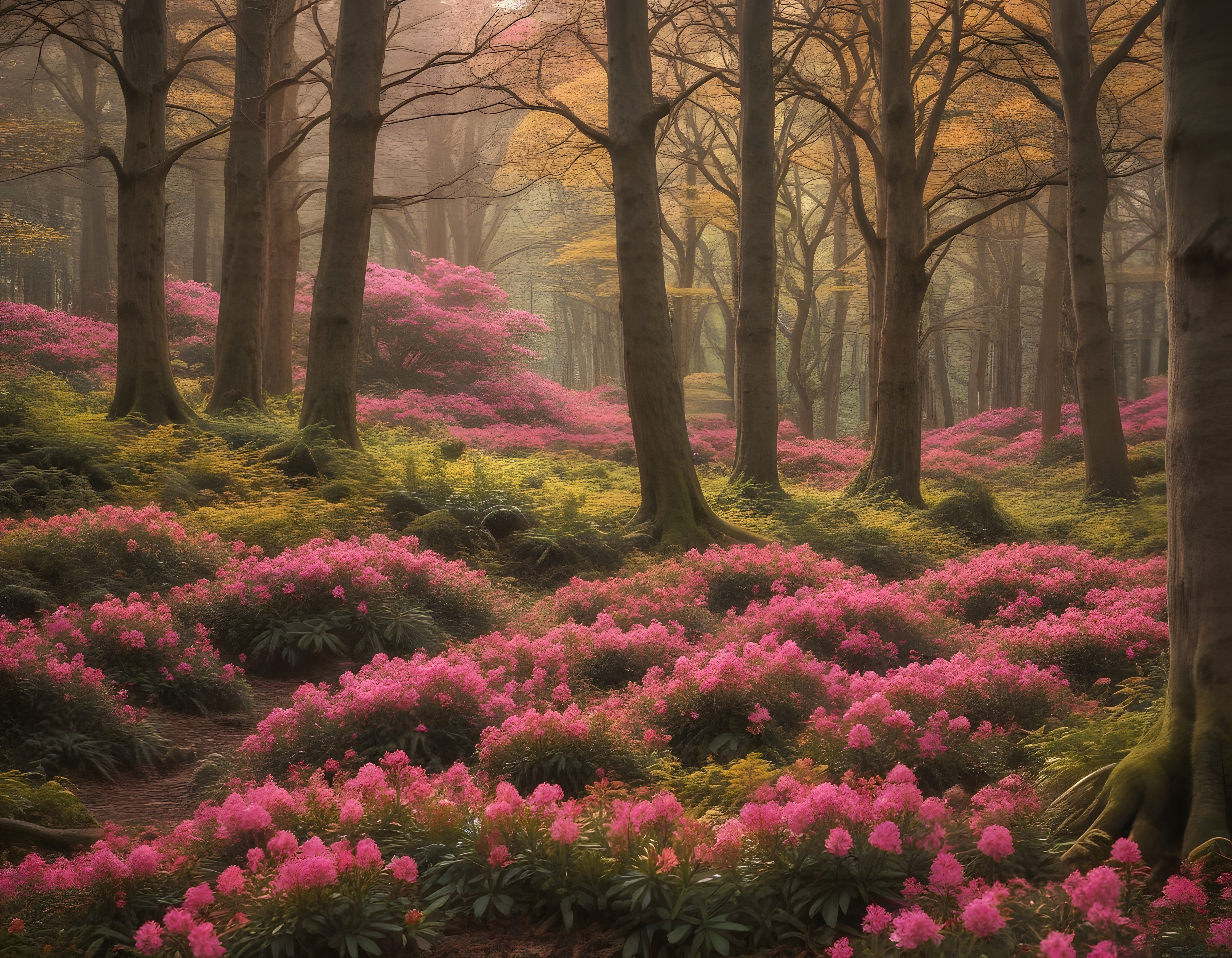 Pembe Rododendronların Süslediği Sisli ve Mistik Bir Orman Manzarası