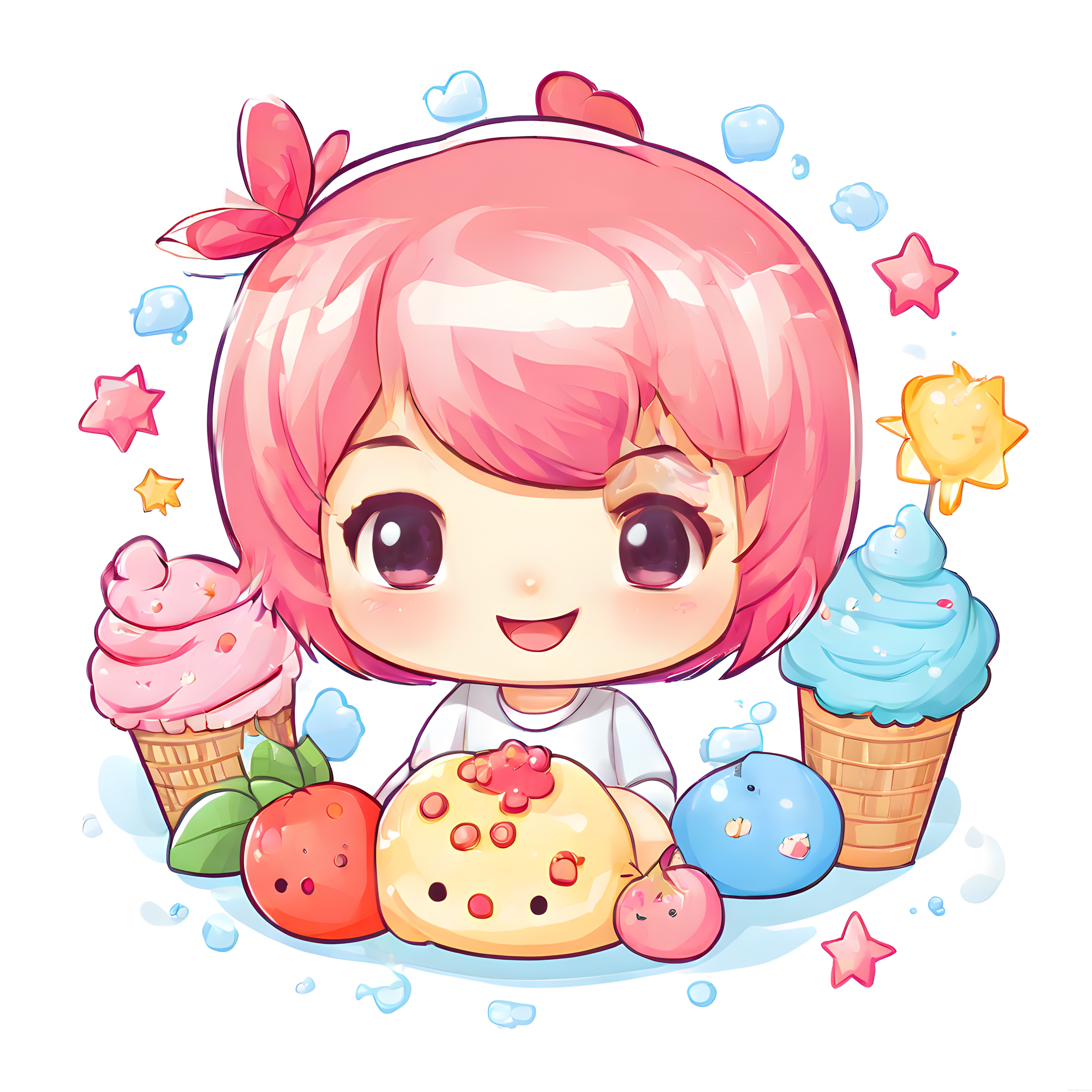 Pembe saçlı anime chibi kız, dondurma ve kurabiyelerle tatlı illüstrasyon