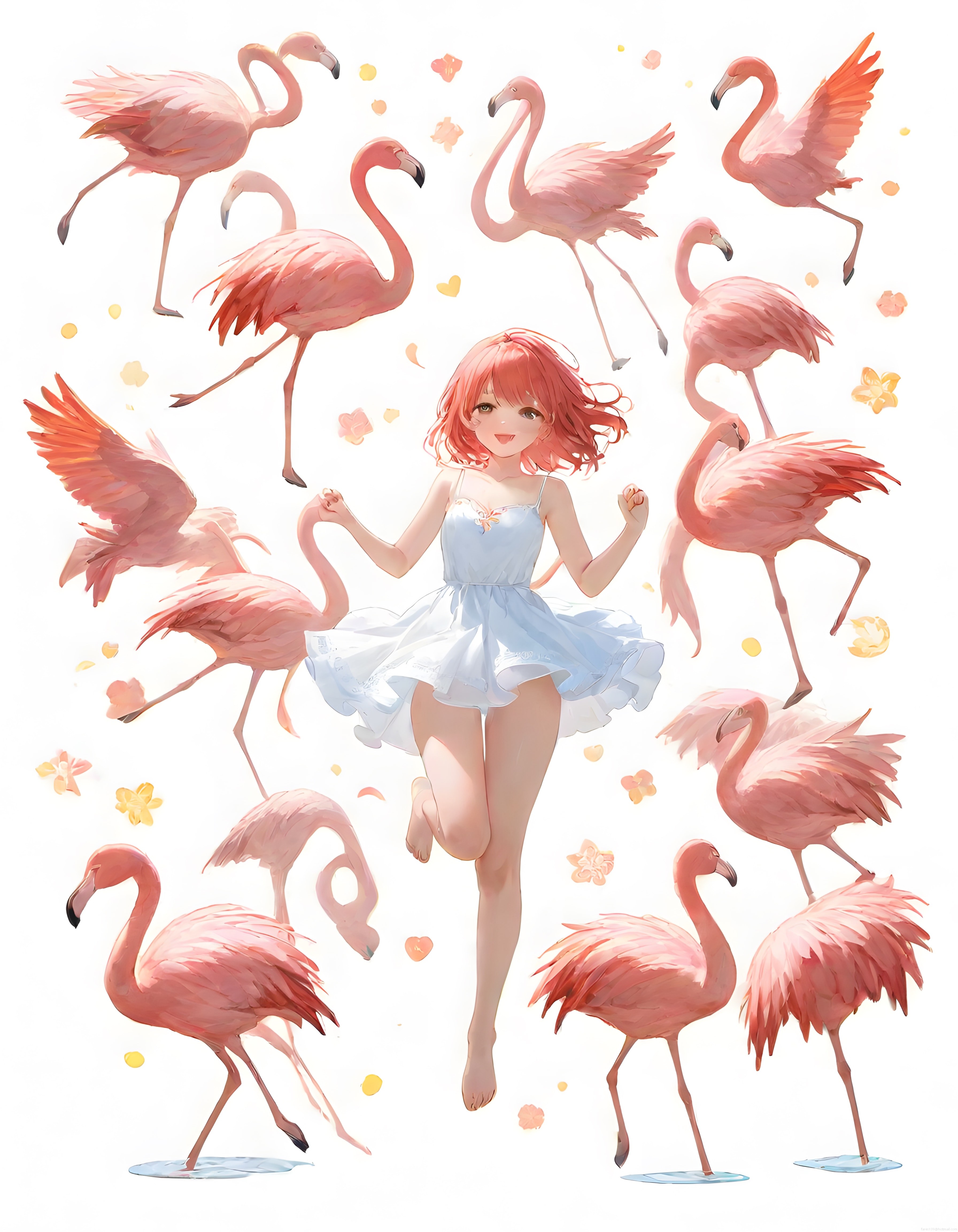 Pembe saçlı anime kız ve etrafındaki flamingolarla pastel dijital illüstrasyon