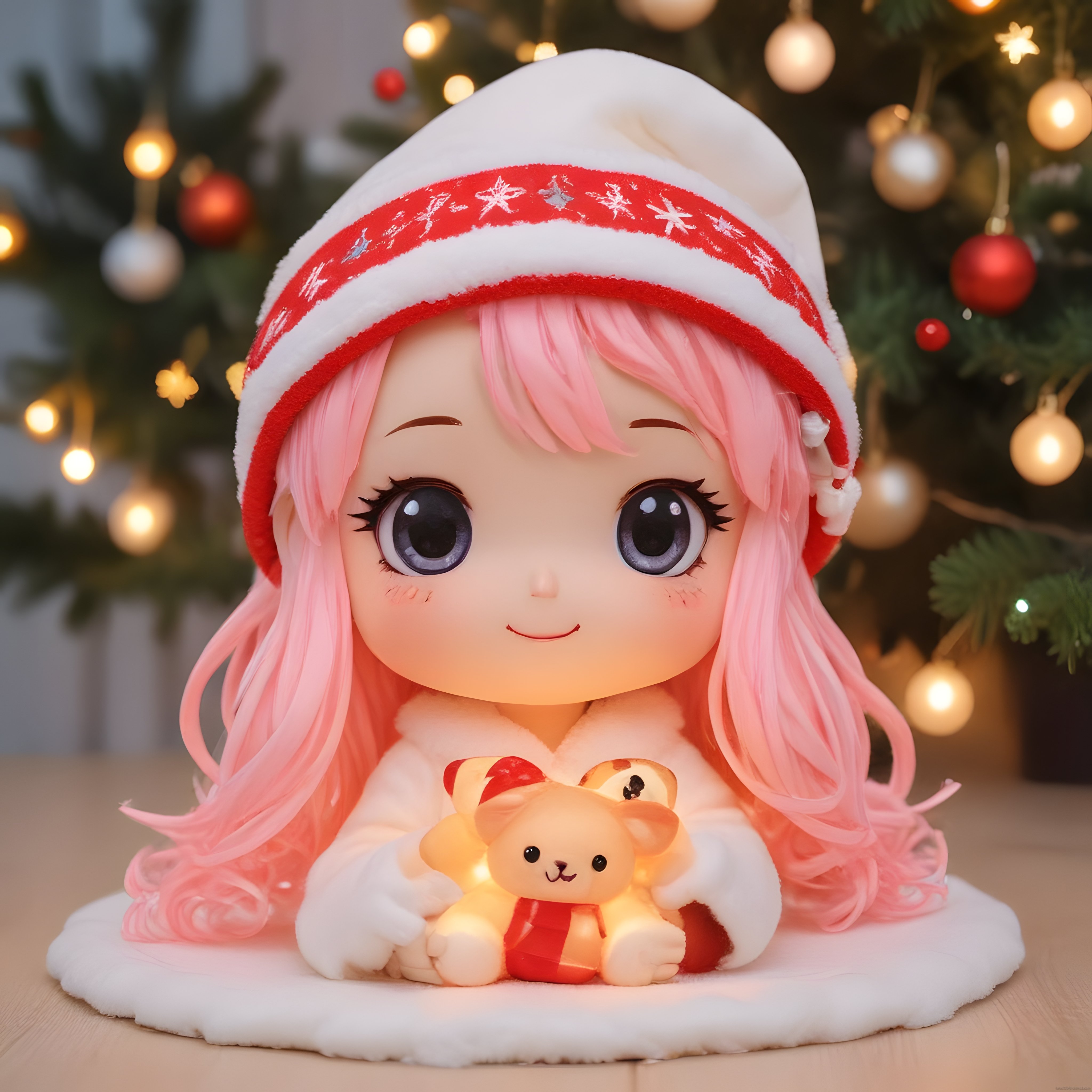 Pembe Saçlı Chibi Kız ve Yılbaşı Ağacı Önünde Işıltılı Ayıcık ile Mutlu Anlar