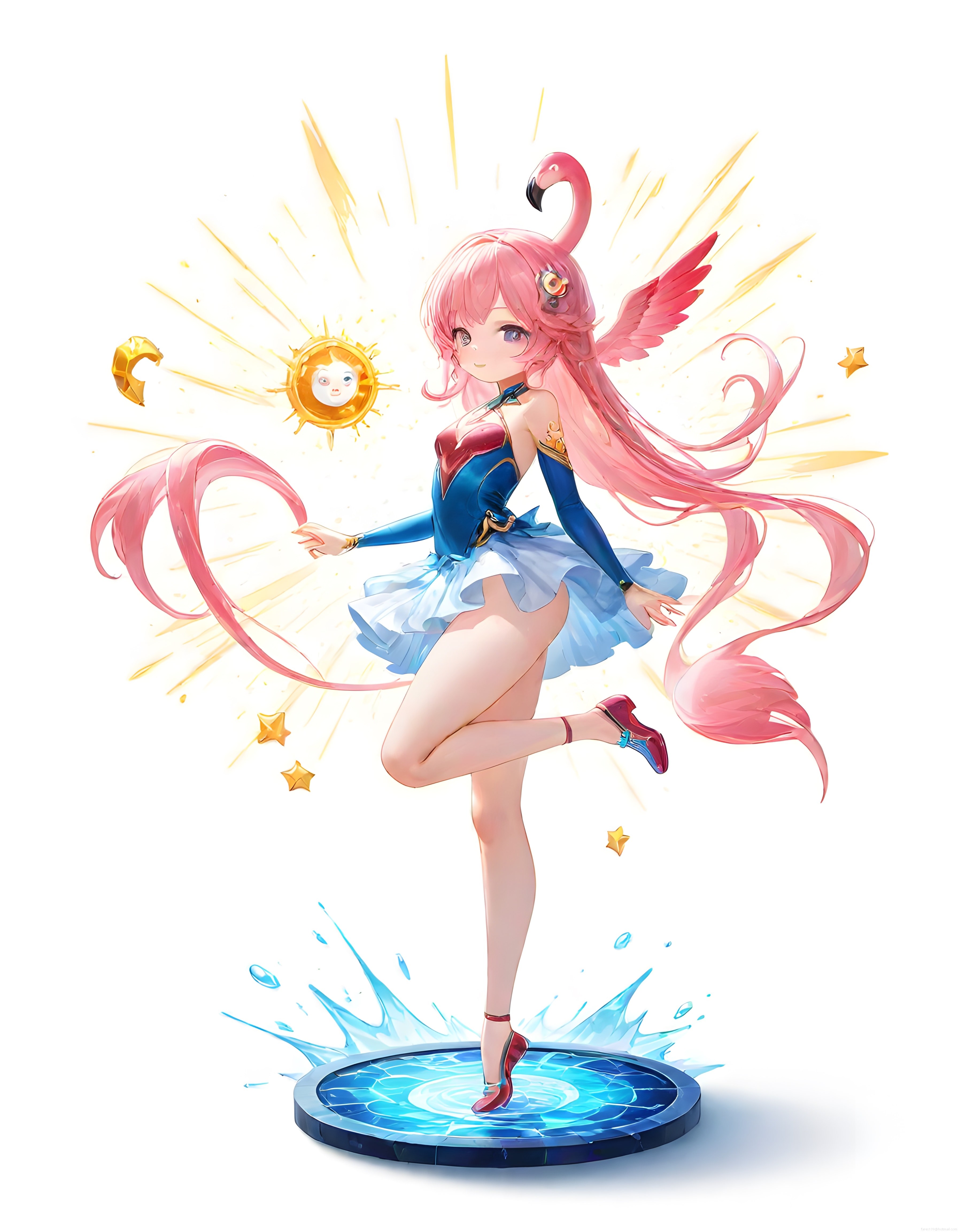 Pembe Saçlı Flamingo Kanatlı Anime Kız Karakteri ve Işıltılı Su Platformu Sanatı