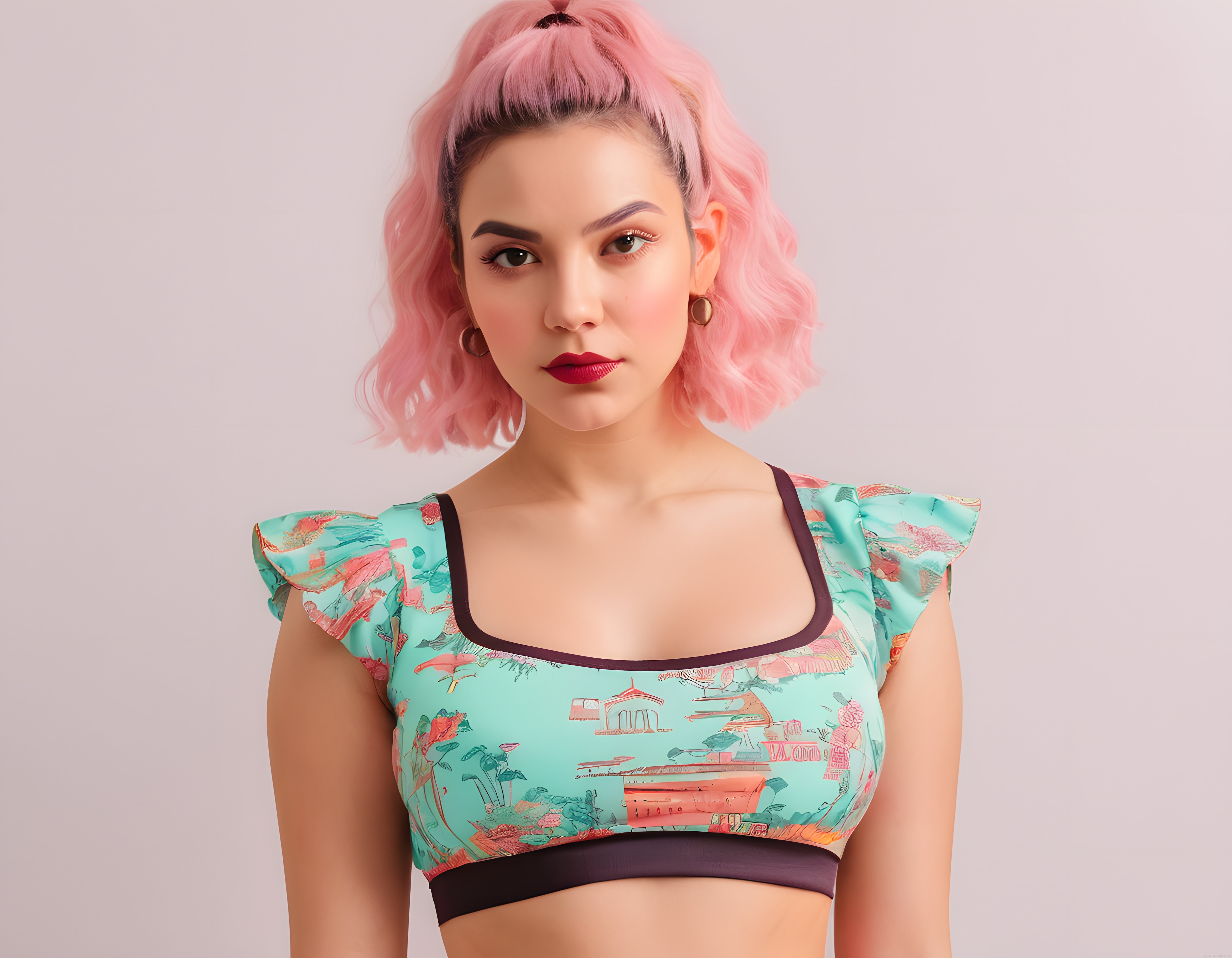 Pembe saçlı genç kadın desenli crop top ve cesur modern stil pozu