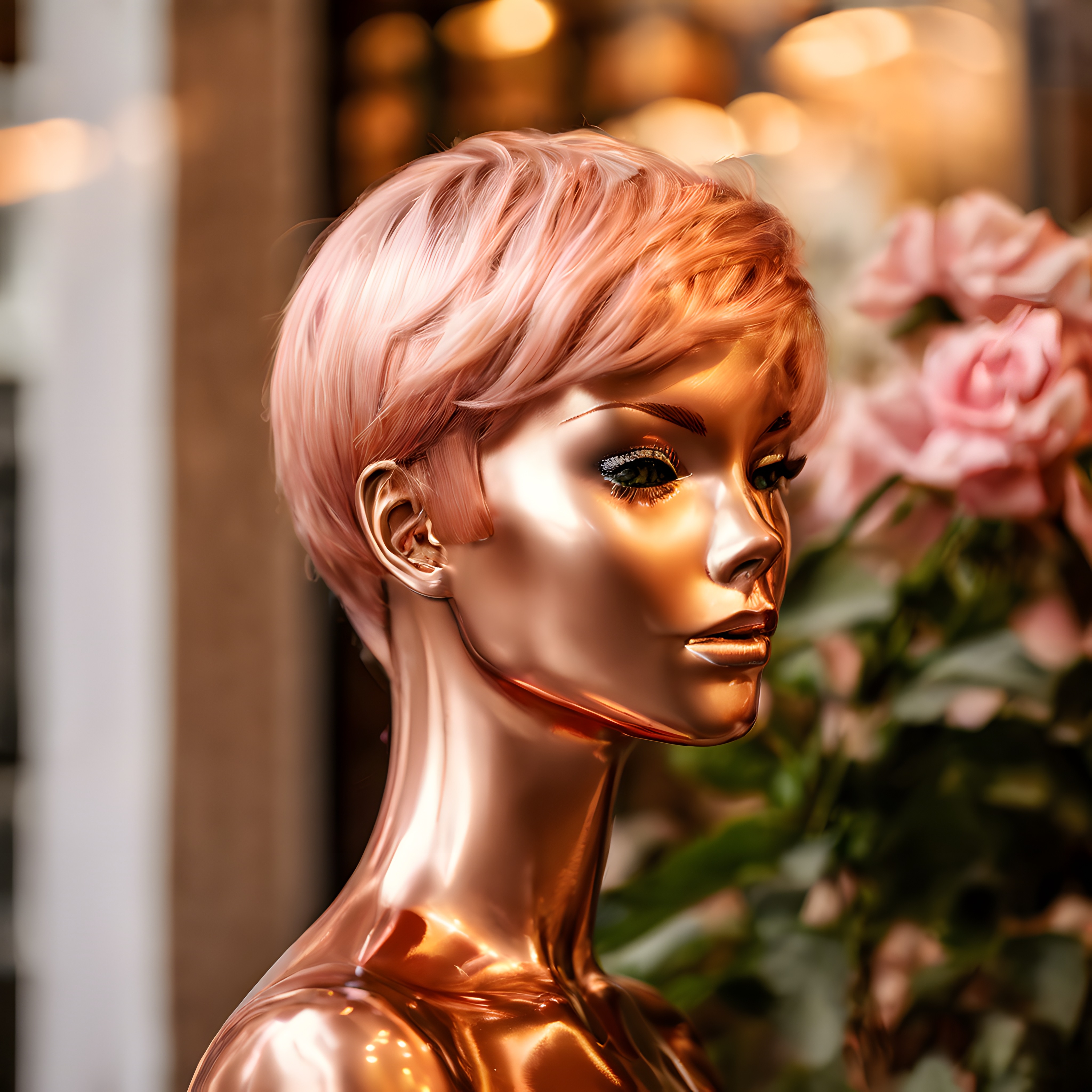 Pembe Saçlı Parlak Bronz Metalik Manken ve Romantik Gül Aranjmanı