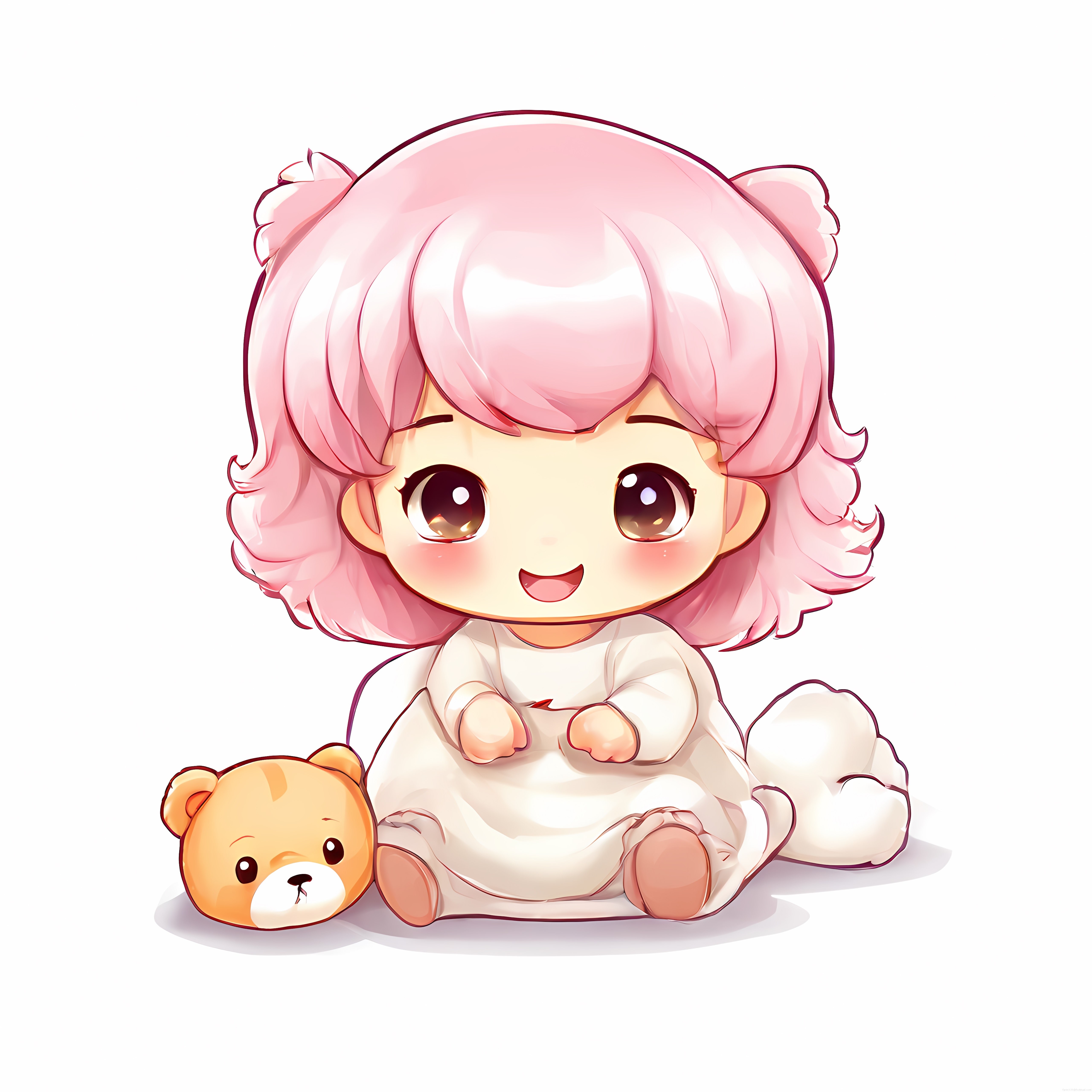 Pembe Saçlı Sevimli Chibi Bebek ve Yanındaki Oyuncak Ayı Dijital İllüstrasyon