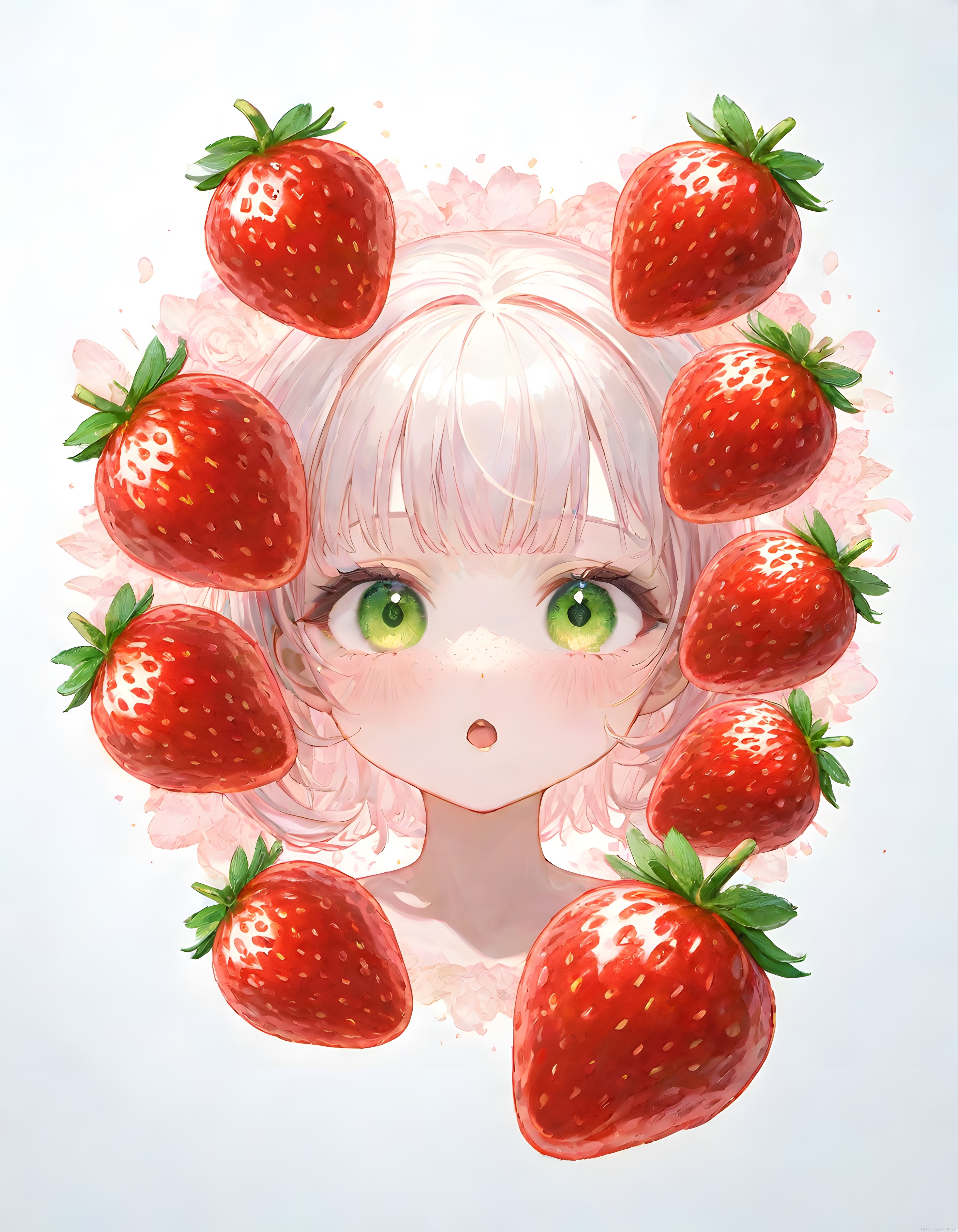 Pembe Saçlı Yeşil Gözlü Anime Kız ve Çilekler Dijital İllüstrasyon