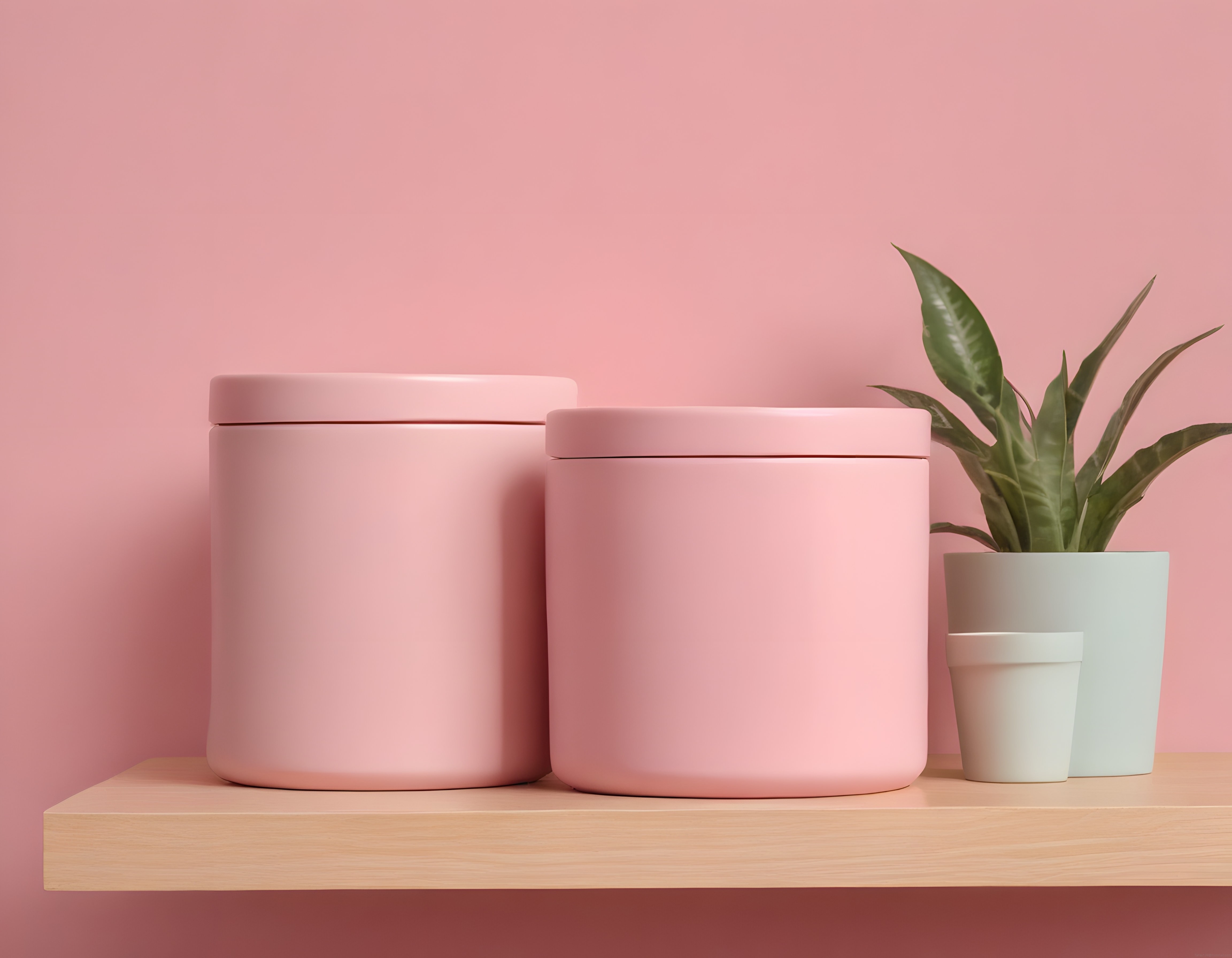 Pembe Saklama Kapları ve Saksı Bitkisiyle Minimalist Raf Dekorasyonu