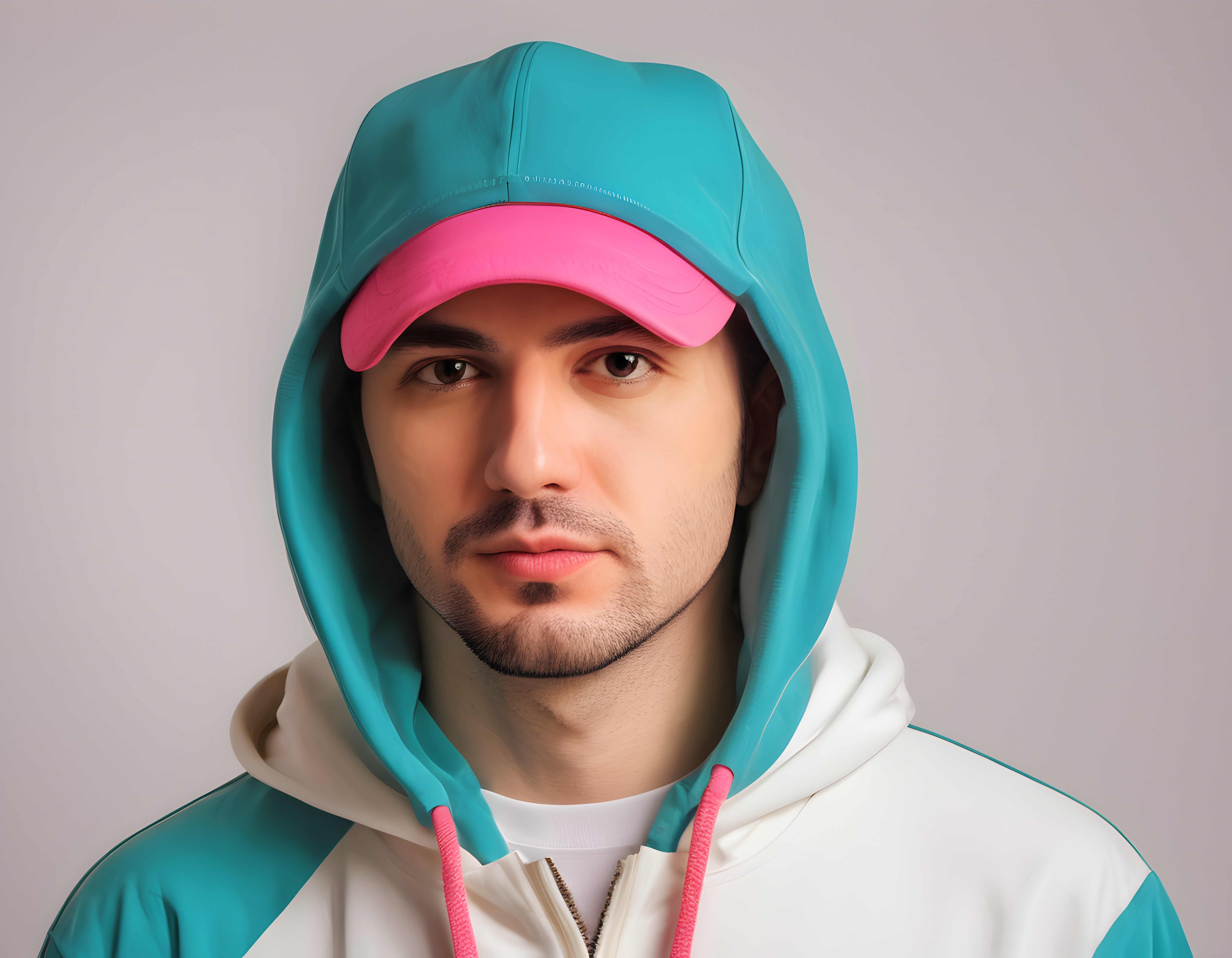 Pembe Şapkalı ve Renkli Kapüşonlu Sweatshirt Giyen Genç Erkek Portresi