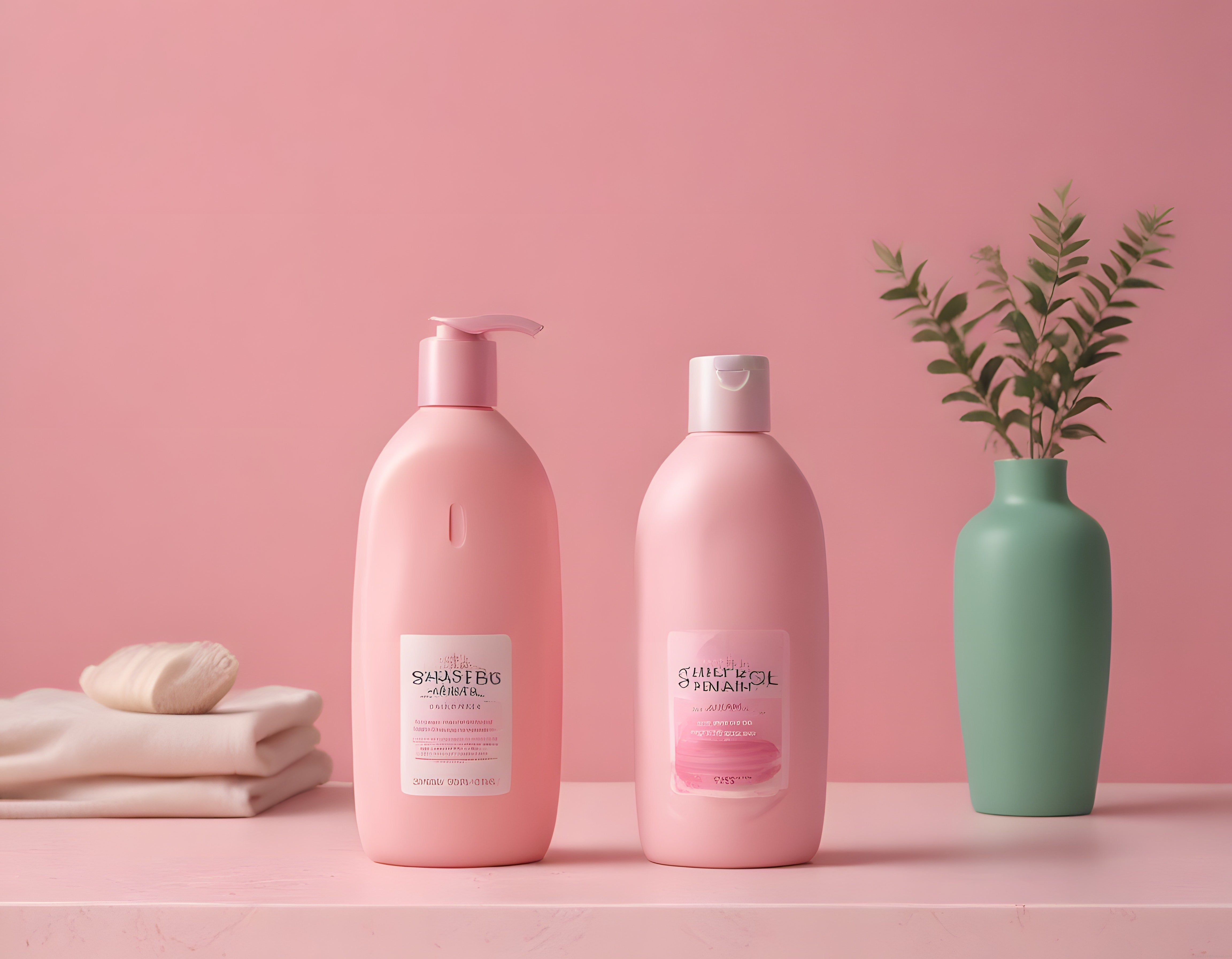 Pembe şişelerde şampuan ve saç bakım ürünleri ile pastel stüdyo kompozisyonu Pembe şişelerde şampuan ve saç bakım ürünleri ile pastel stüdyo kompozisyonu