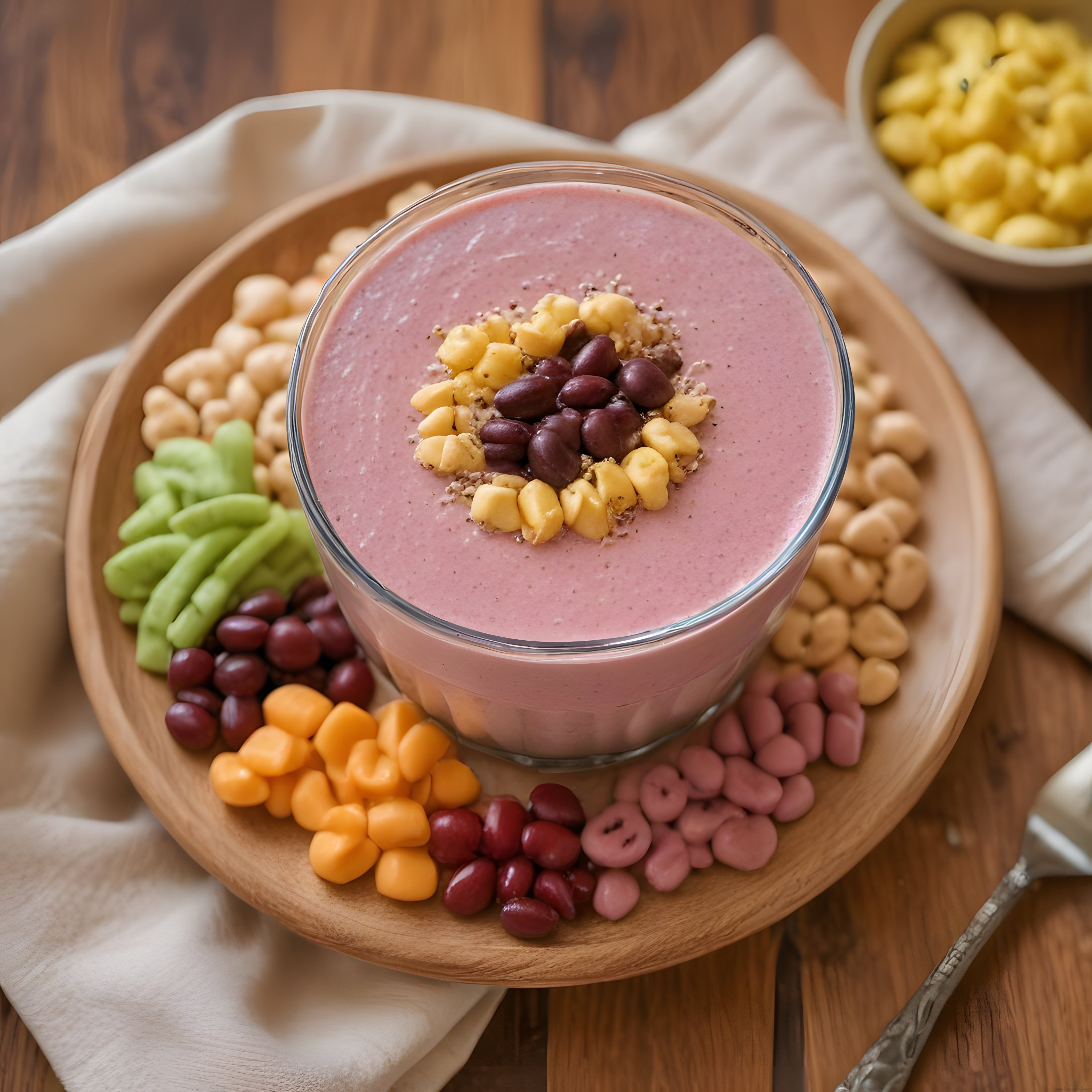 Pembe Smoothie Bowl ve Renkli Atıştırmalıklarla Kahvaltı Sunumu