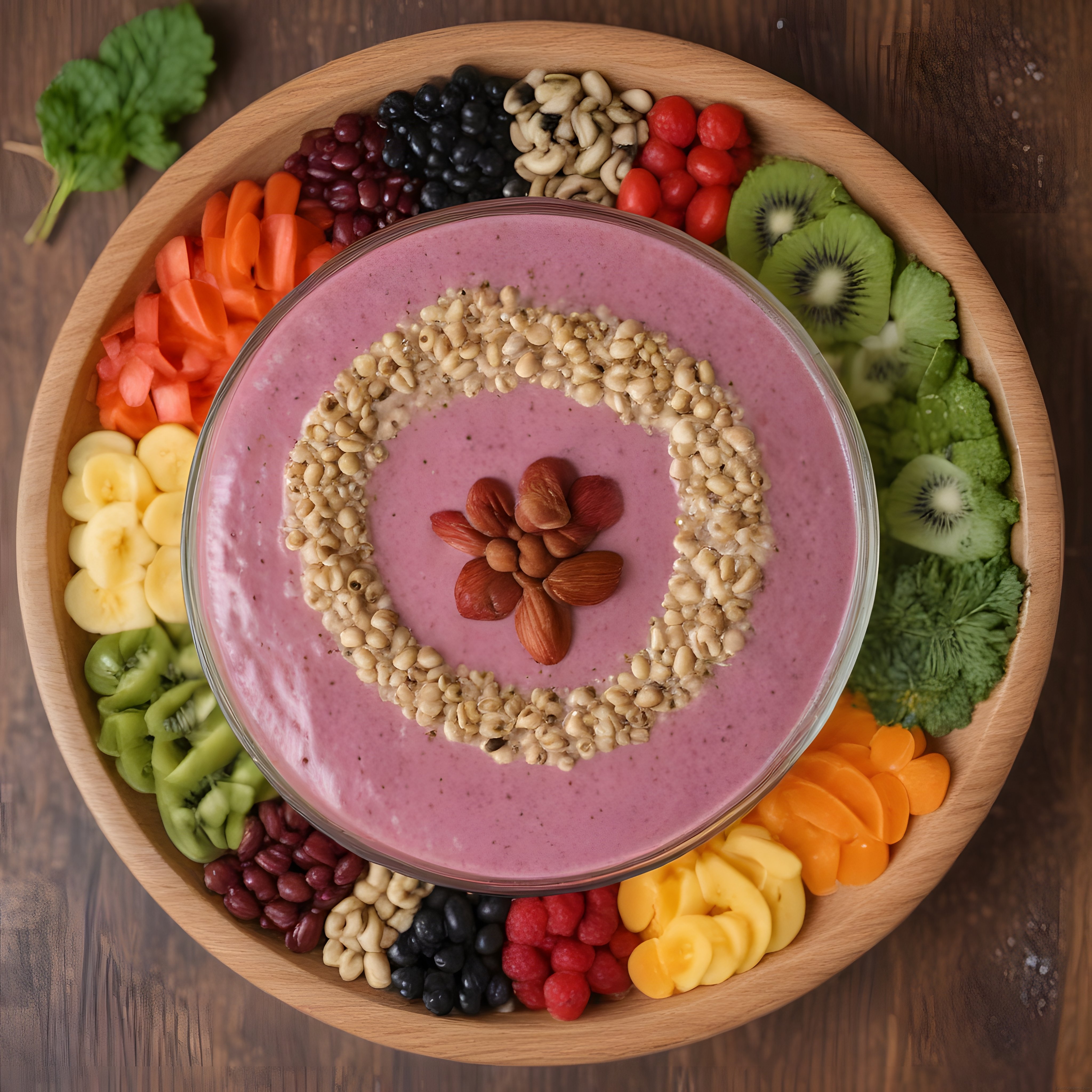 Pembe Smoothie Bowl ve Taze Meyvelerle Renkli Sağlıklı Kahvaltı Tabağı