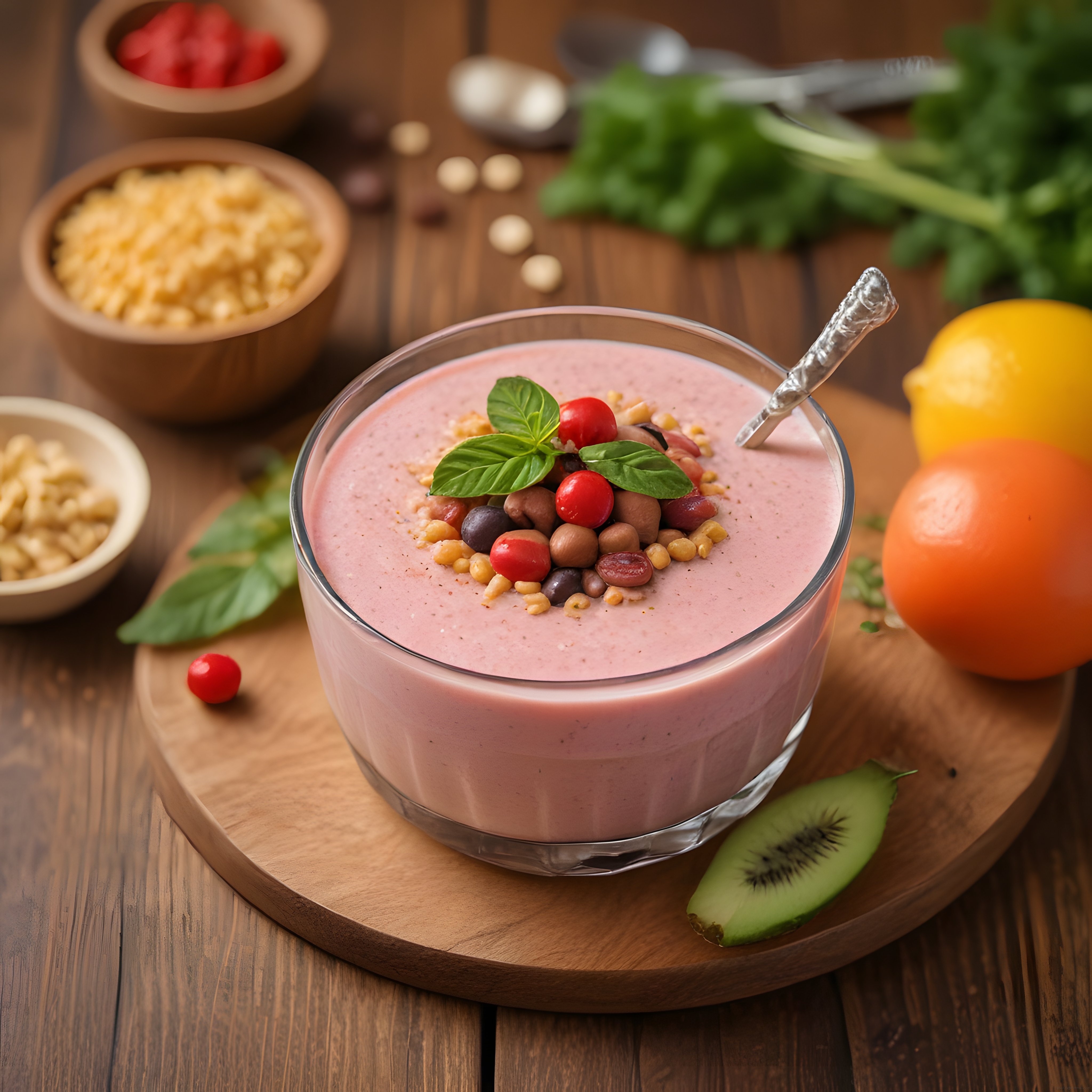 Pembe Smoothie Kasesi Fesleğen ve Taze Meyvelerle Süslü Sağlıklı Kahvaltı
