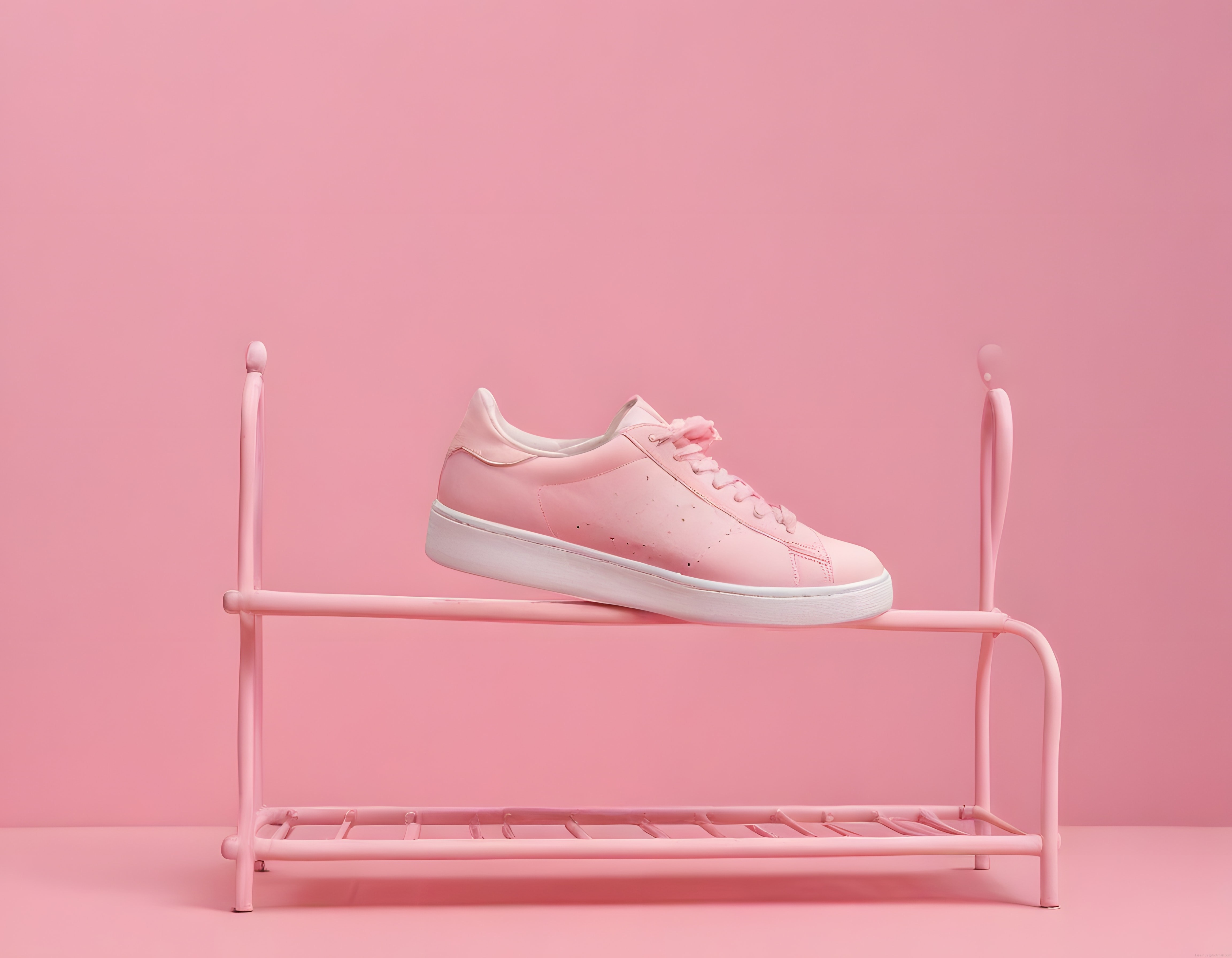 Pembe spor ayakkabı ile pastel tonlarda minimalist ürün çekimi ve kadın modası