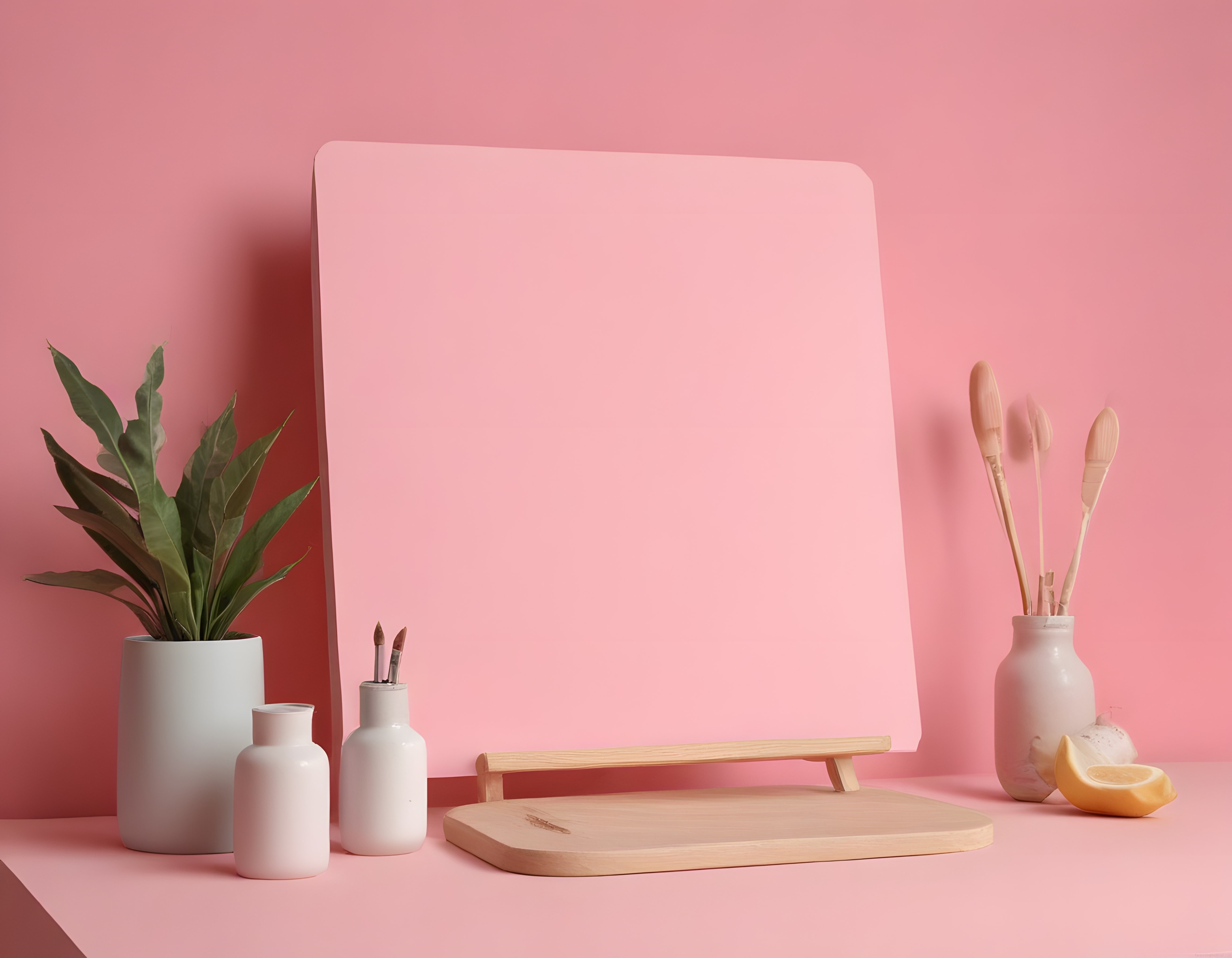 Pembe Stüdyo Arka Planında Ahşap Stand ve Dekoratif Obje Düzenlemesi