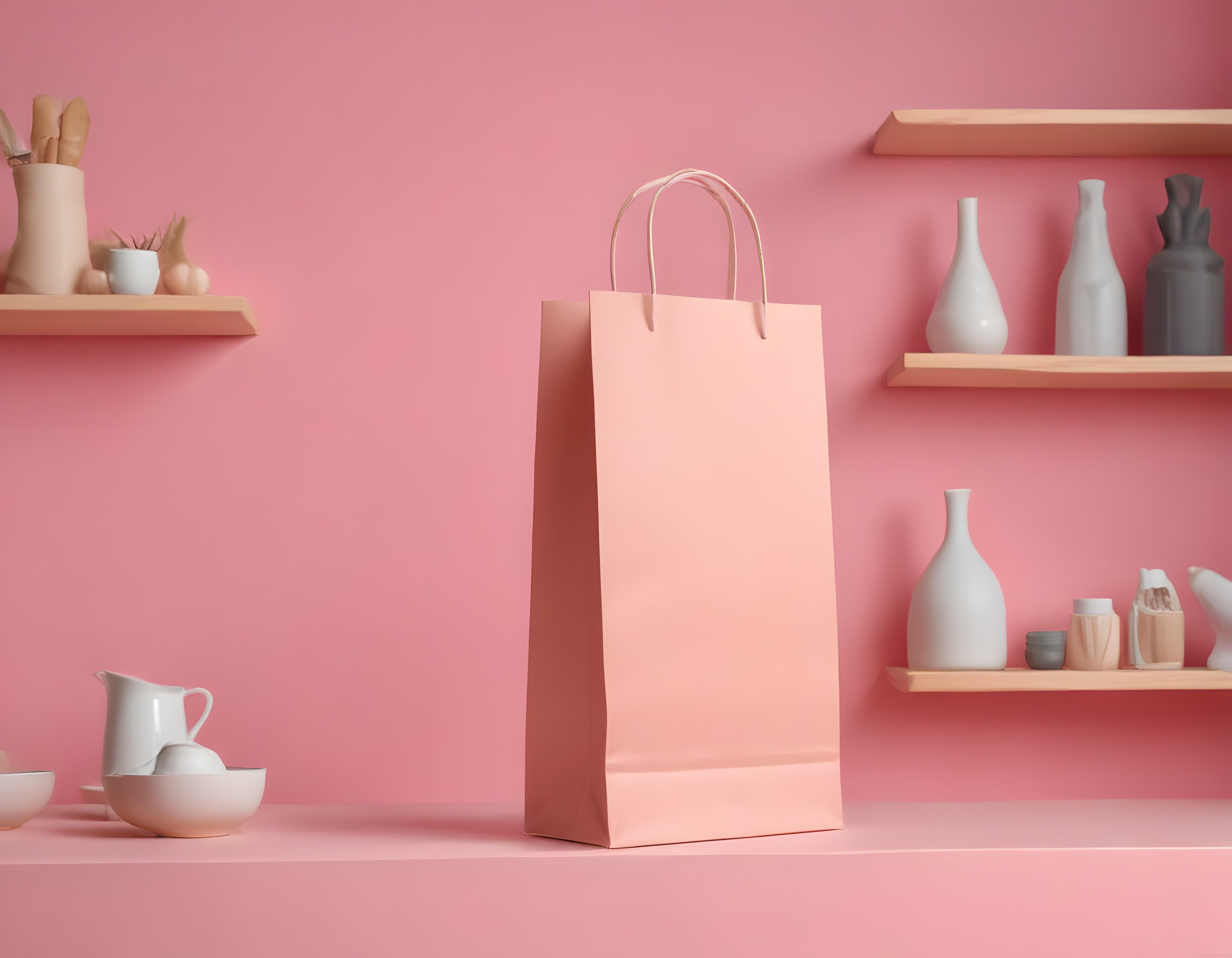 Pembe Stüdyo Arka Planında Alışveriş Torbası ve Minimalist Dekoratif Ürünler