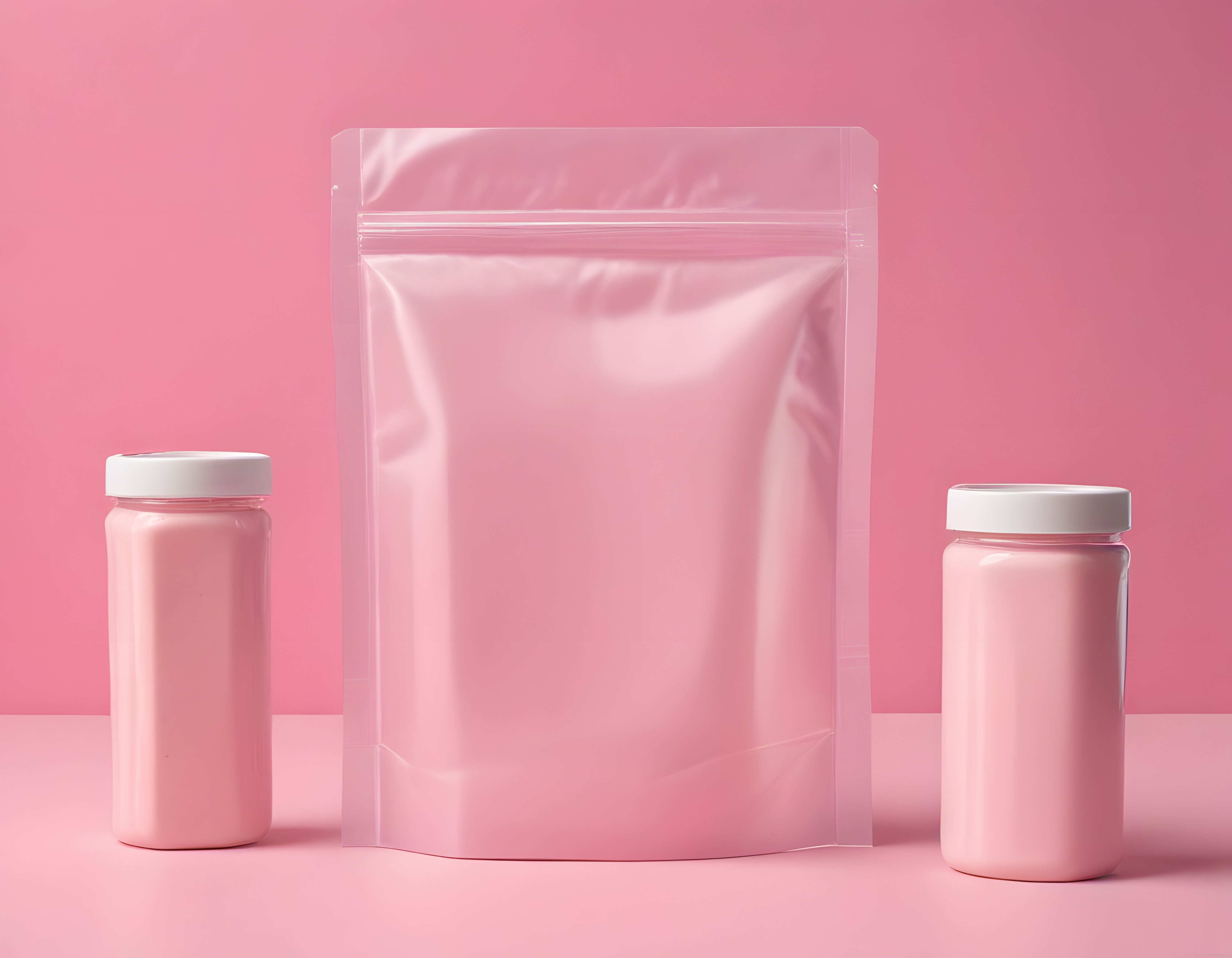 Pembe stüdyo arka planında iki şişe ve kilitli ambalaj poşeti ürün mockup çekimi