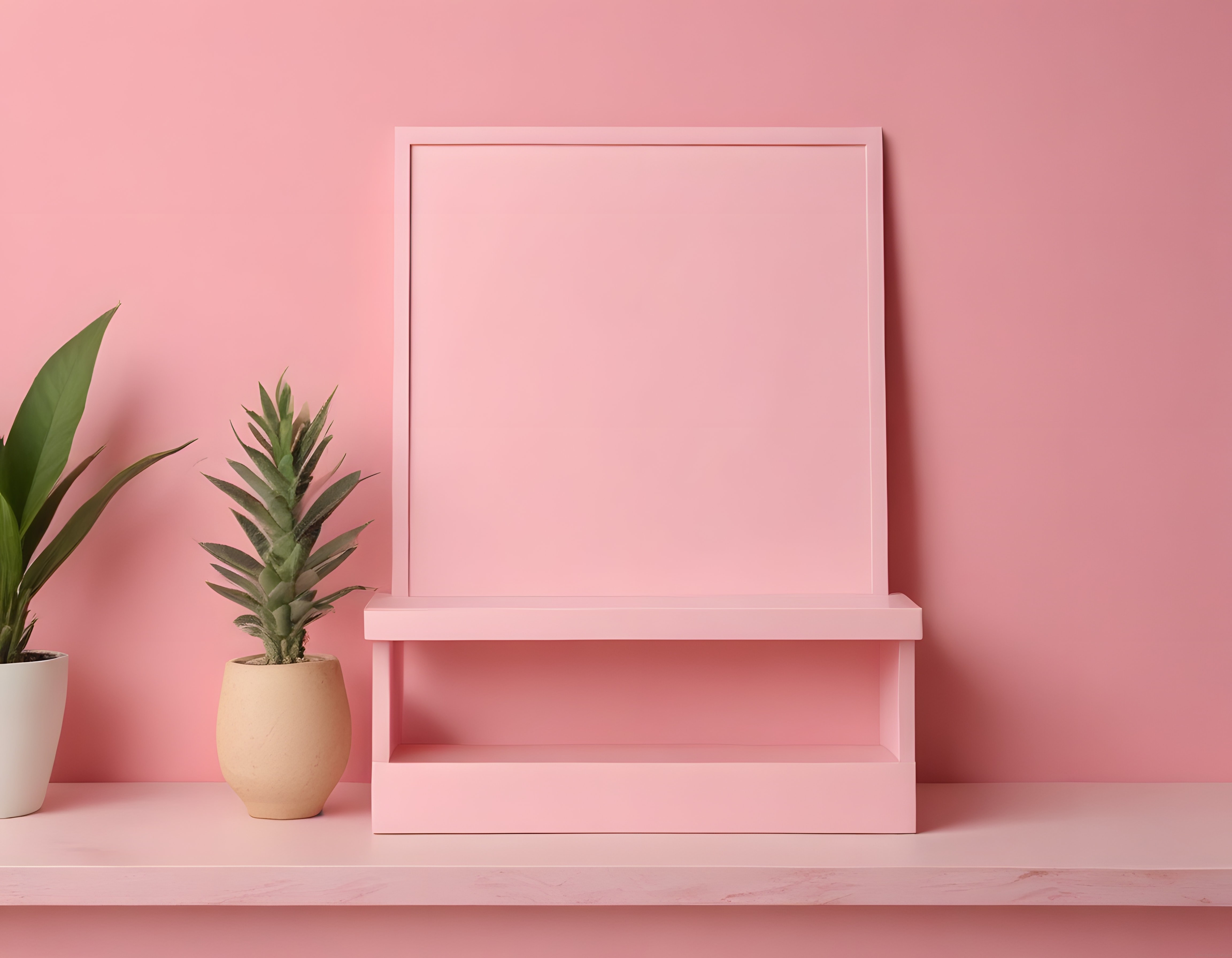 Pembe Stüdyo Arka Planında Minimalist Dekor, Boş Çerçeve ve Yeşil Bitkiler