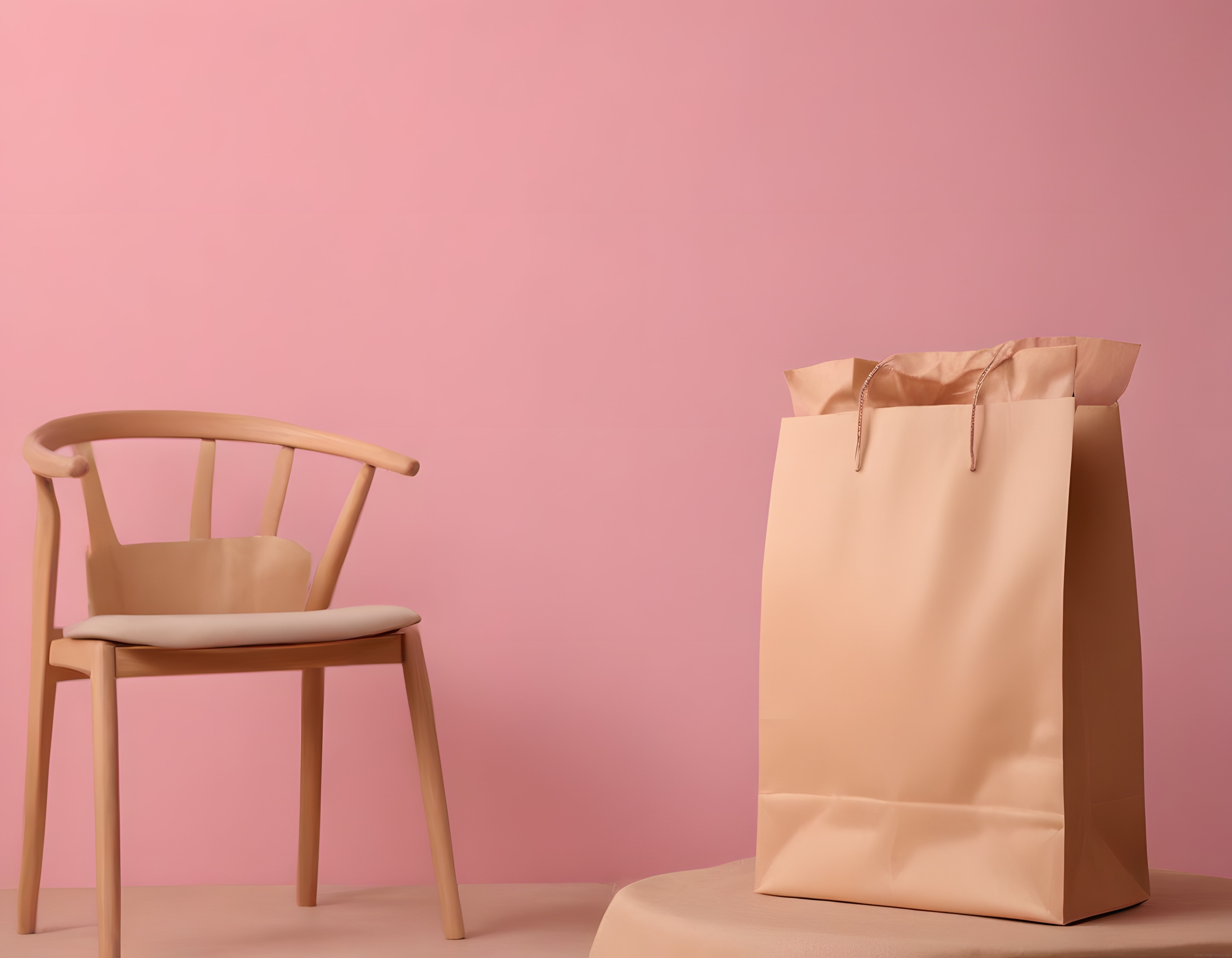 Pembe stüdyo arka planında minimalist sandalye ve kağıt alışveriş torbası