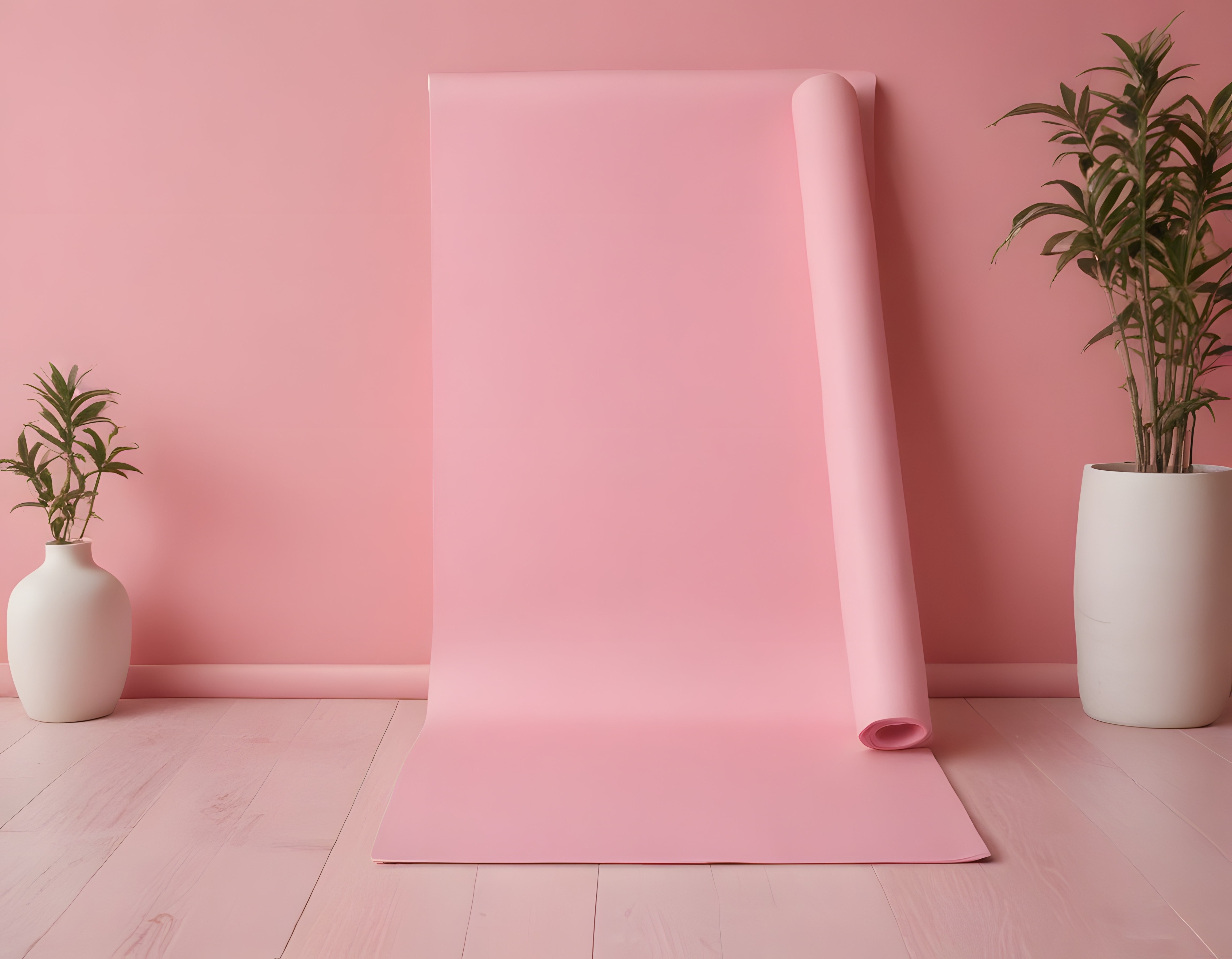 Pembe stüdyo fonunda saksı bitkileriyle yaratılmış minimal arka plan kompozisyonu