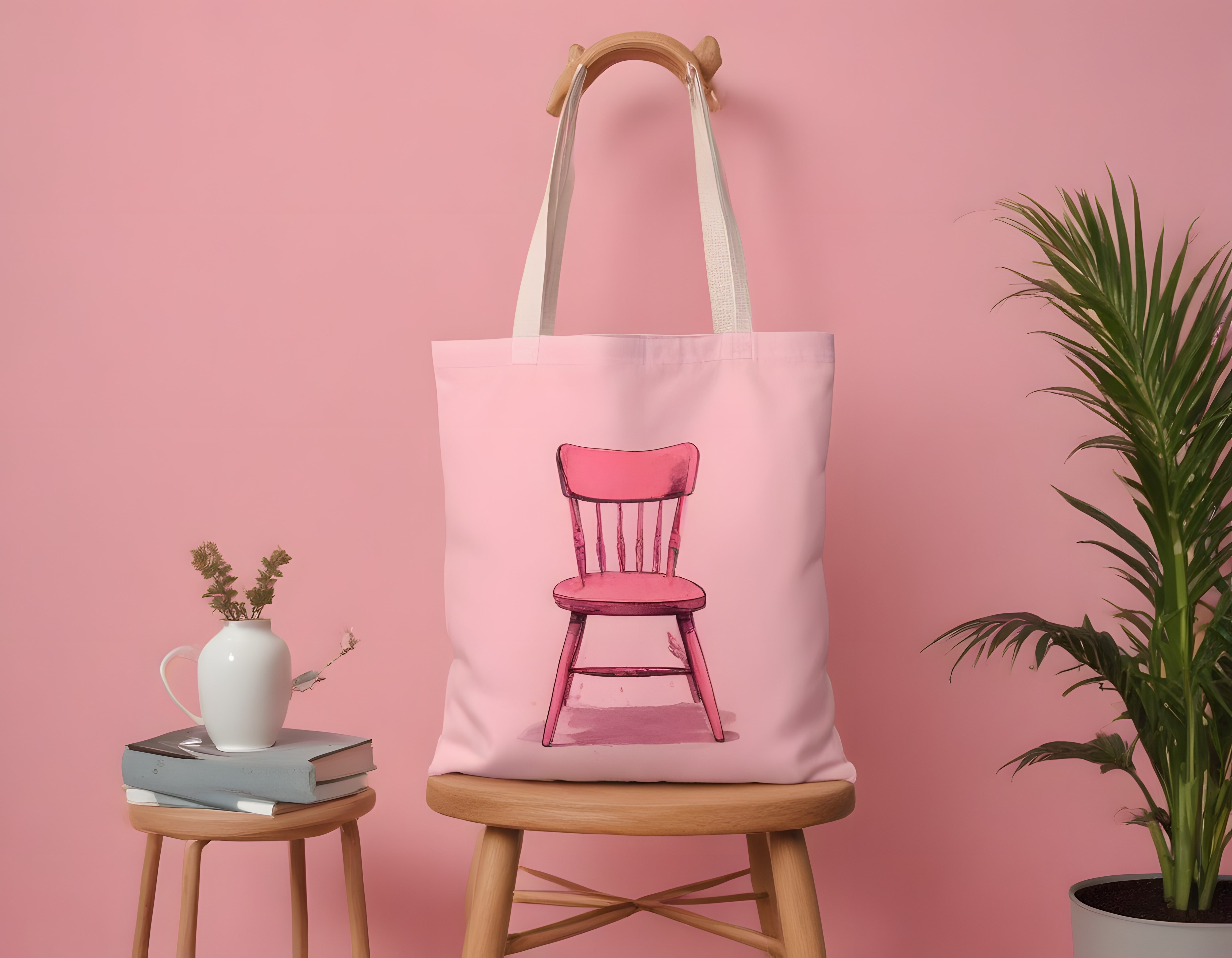 Pembe Stüdyo Ortamında Sandalye Desenli Kanvas Çanta ve Dekorasyon