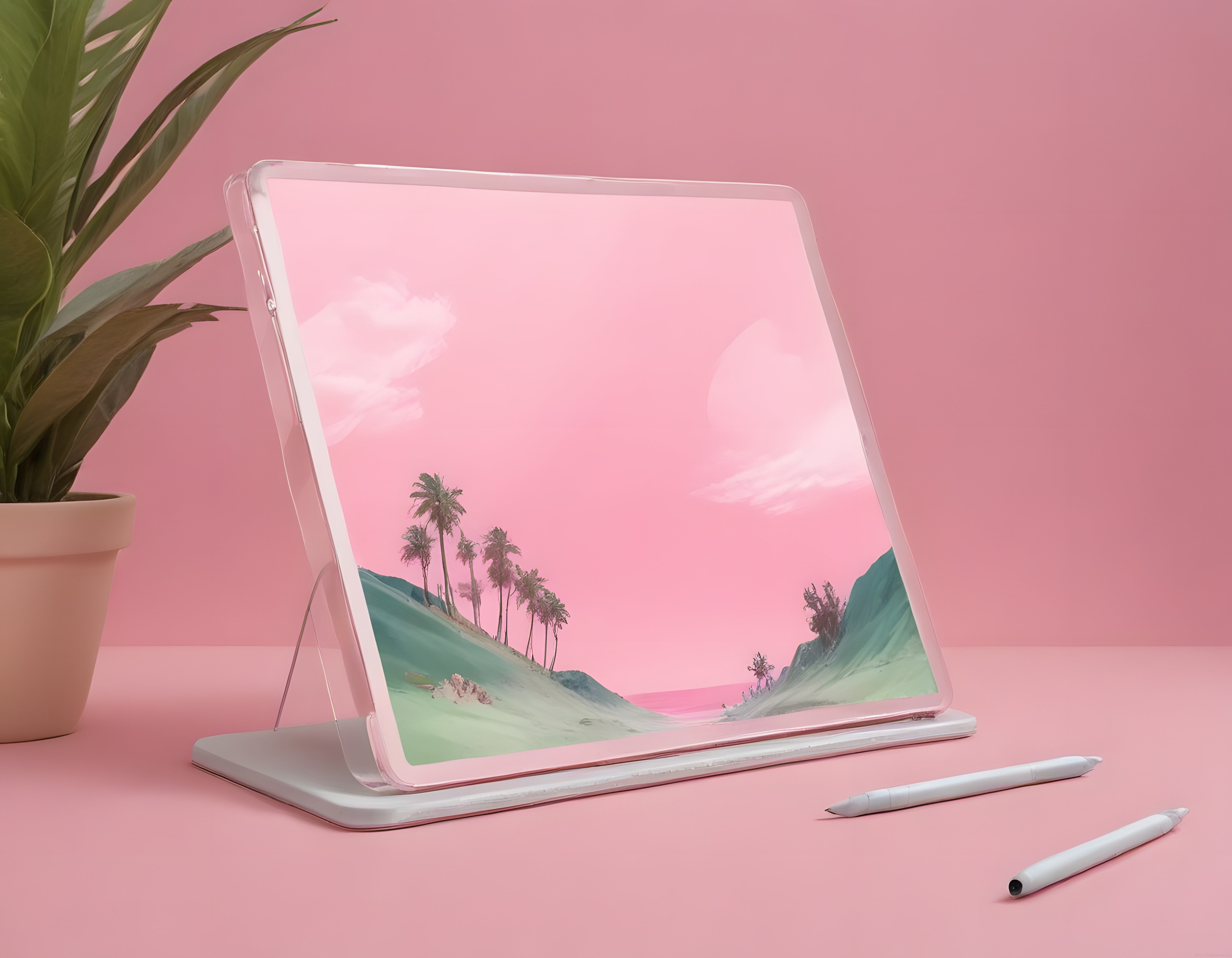 Pembe Stüdyo Ortamında Tablet ve Tropikal Manzara Ekran Görüntüsü