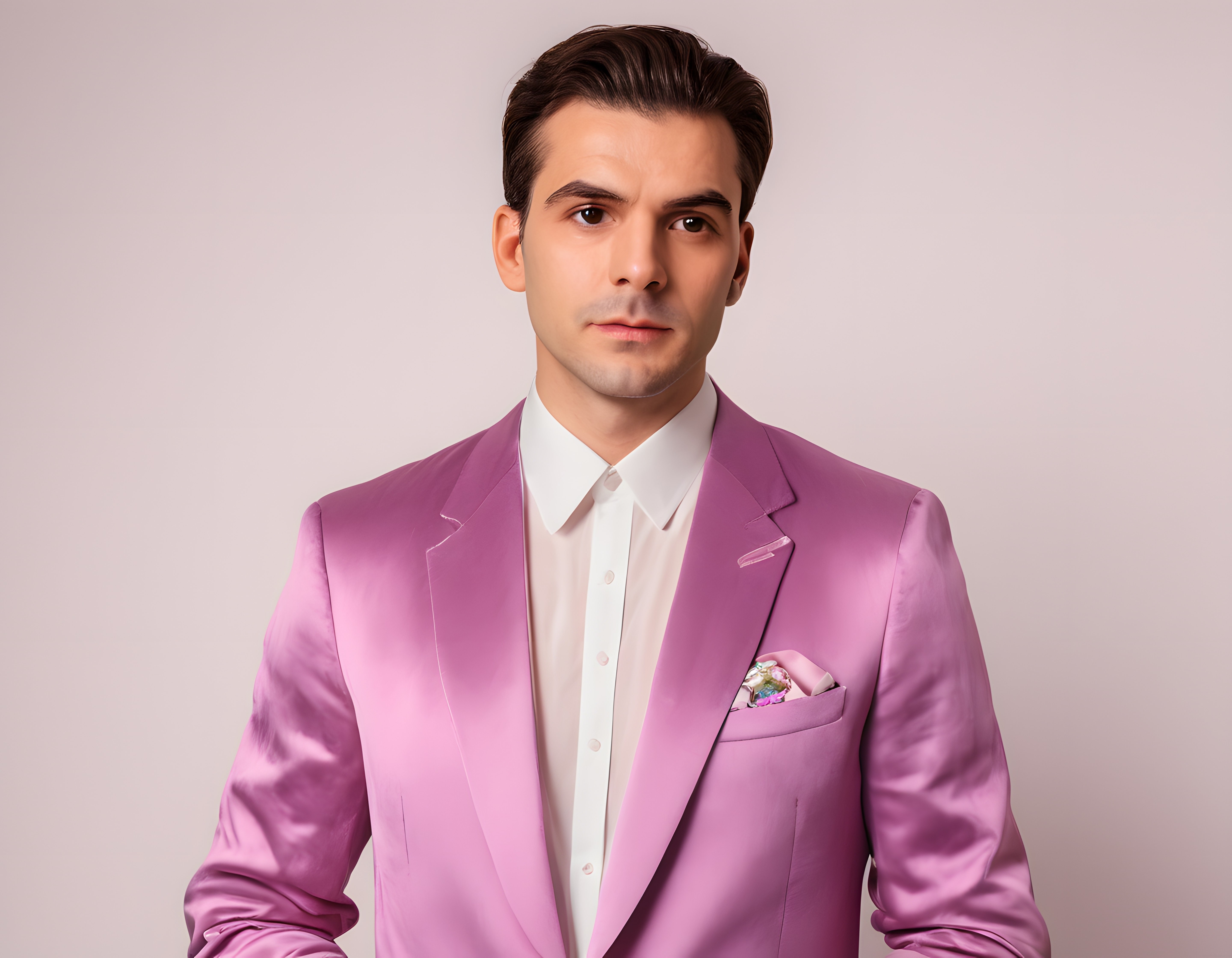 Pembe Takım Elbiseli Yakışıklı Genç Adam Portresi ve Stil Detayları