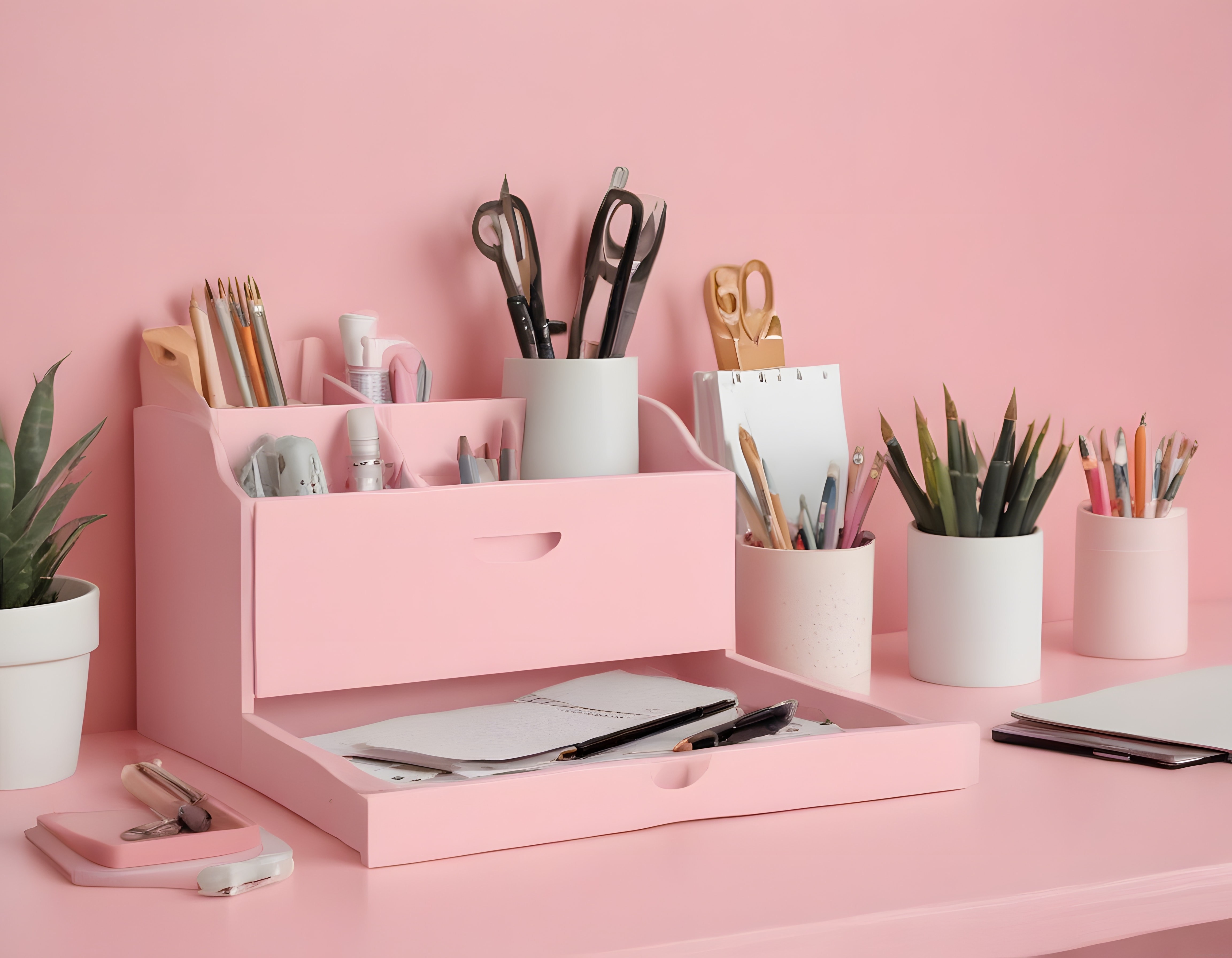Pembe Tonlarda Estetik Çalışma Masası Düzeni ve Kırtasiye Organizasyonu