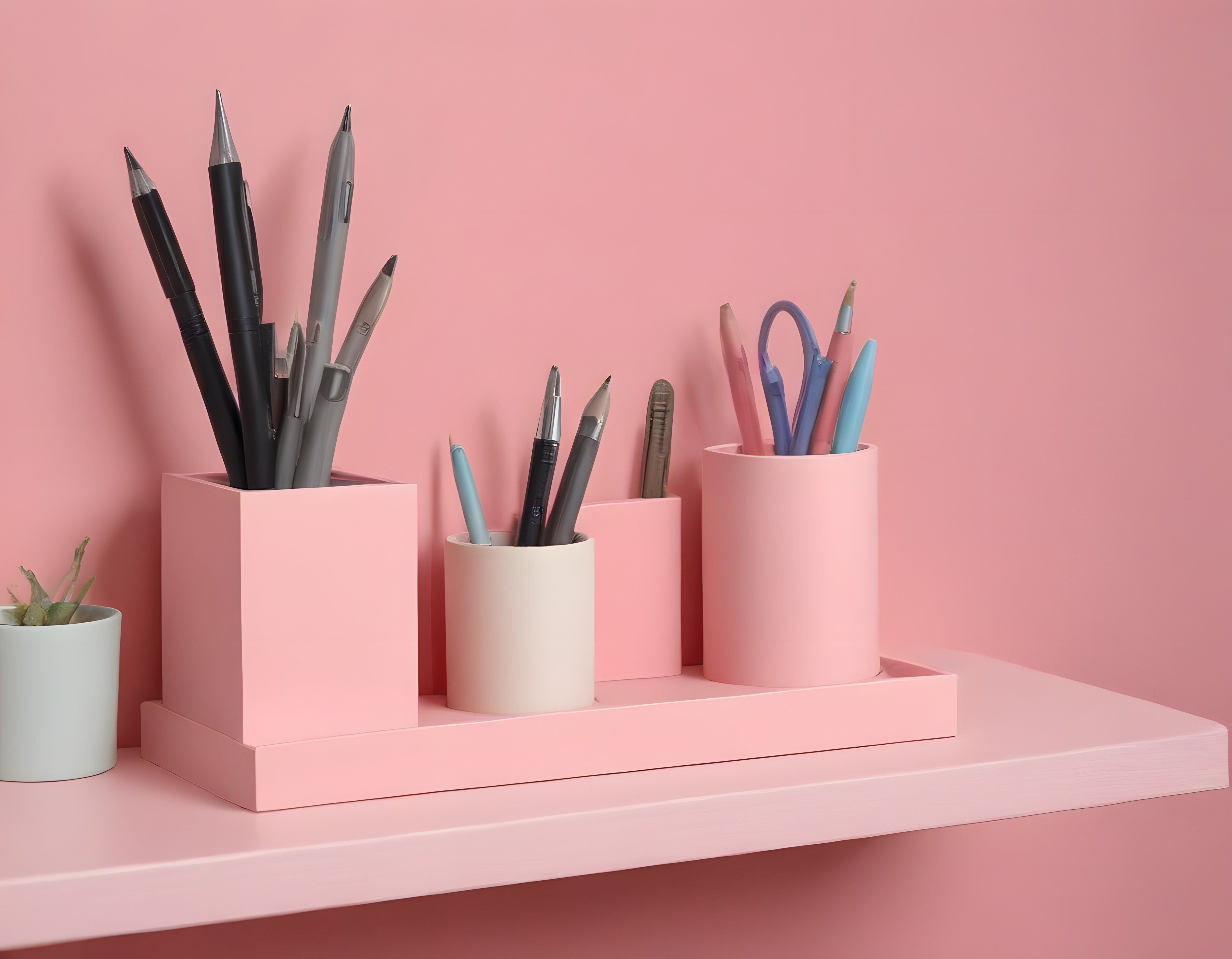 Pembe Tonlarda Modern Çalışma Düzeni ve Minimalist Kalem Seti