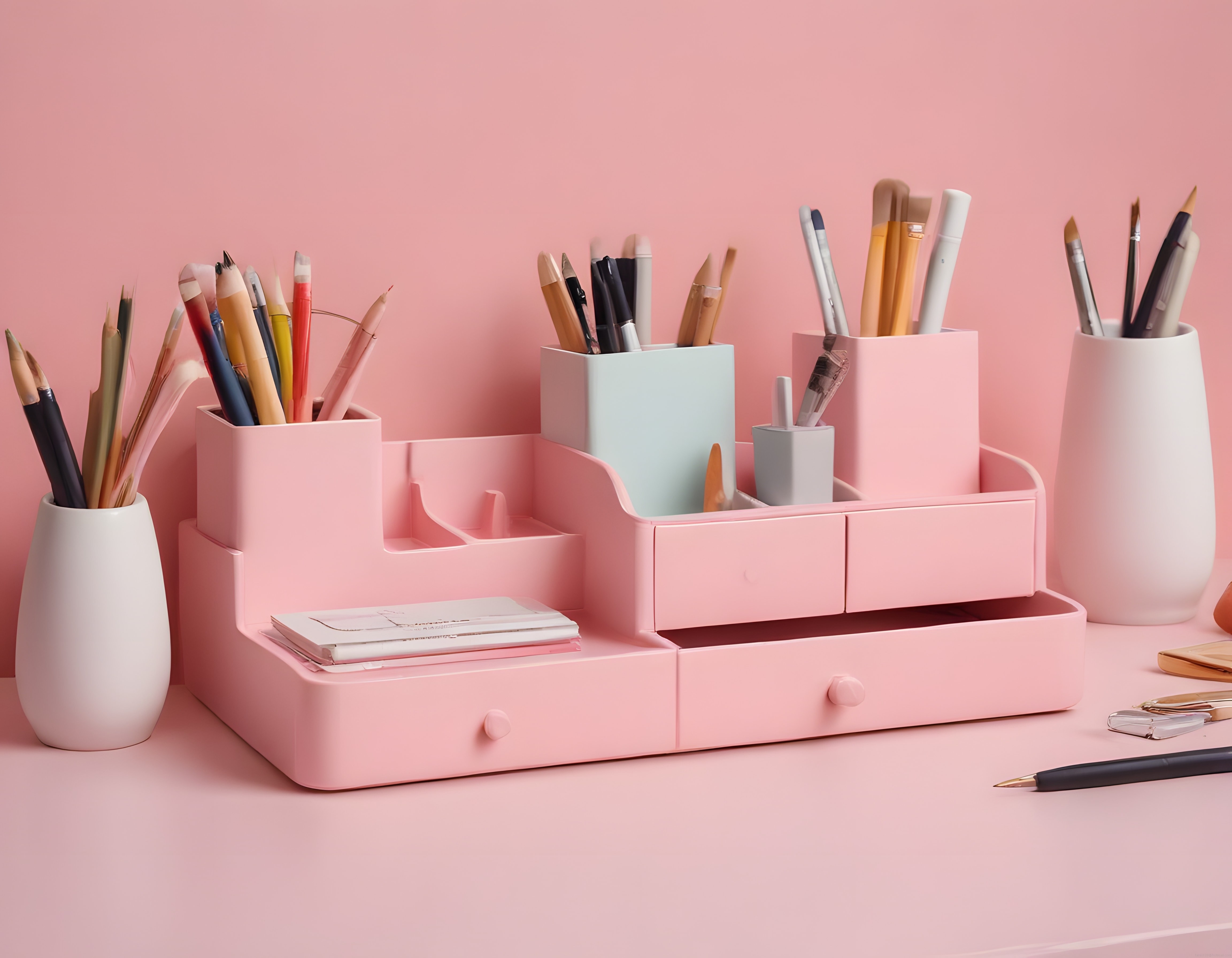 Pembe tonlarında estetik masa düzenleyici ve kırtasiye organizasyonu