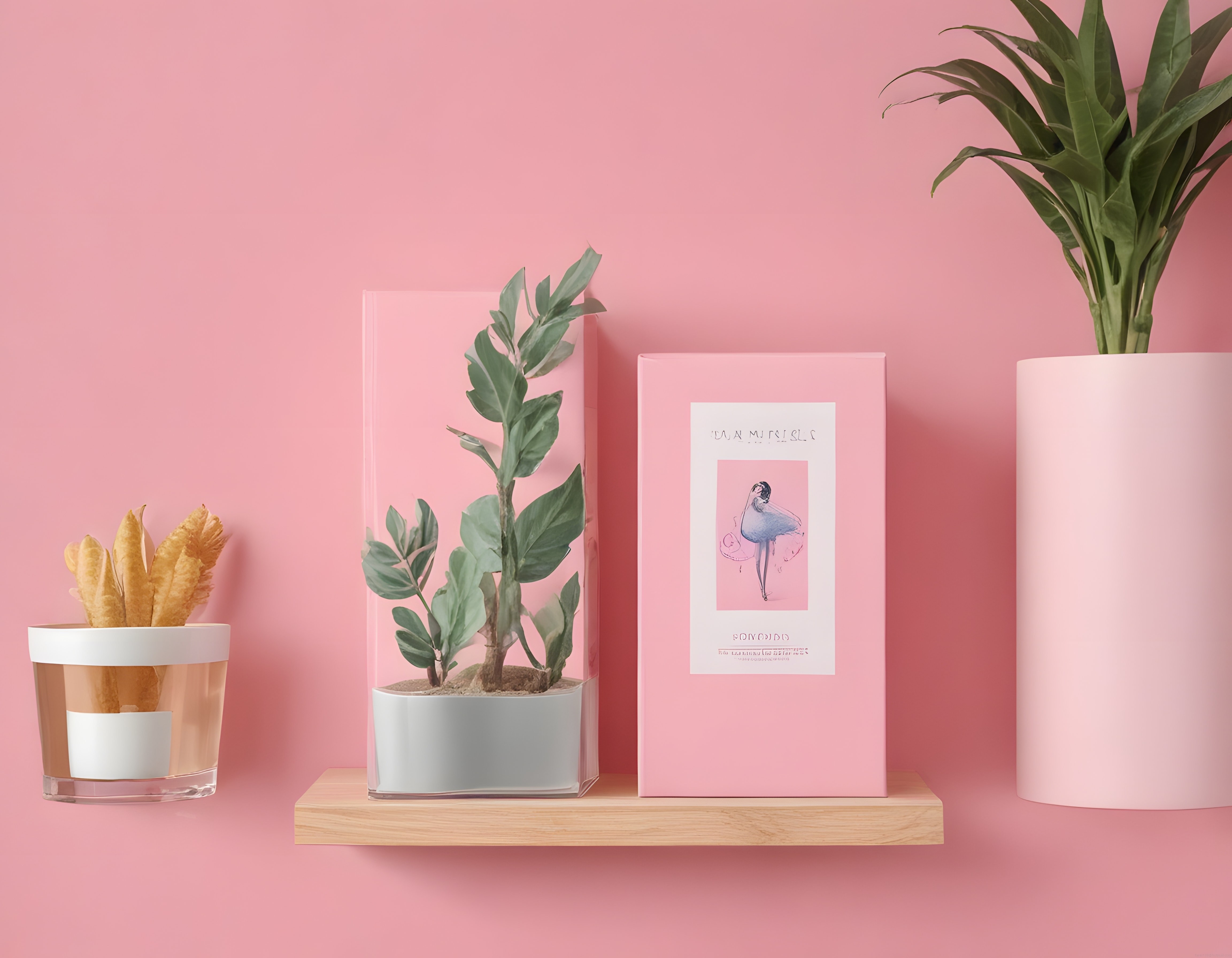 Pembe Tonlarında Minimalist Kitap ve Bitki Dekoru ile Estetik İç Mekan