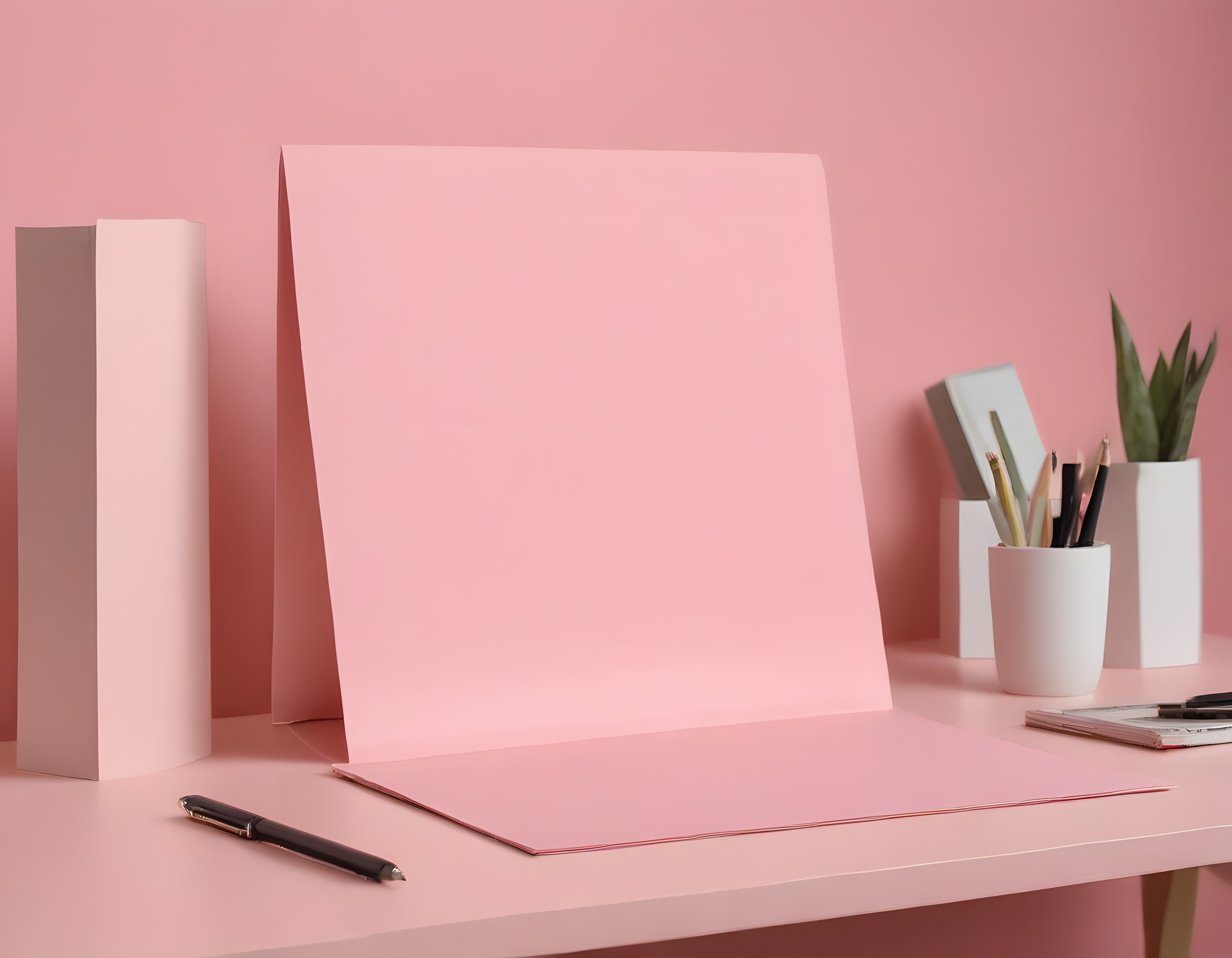 Pembe Tonlarında Minimalist Sanatçı Çalışma Masası ve Boş Tuval Düzeni