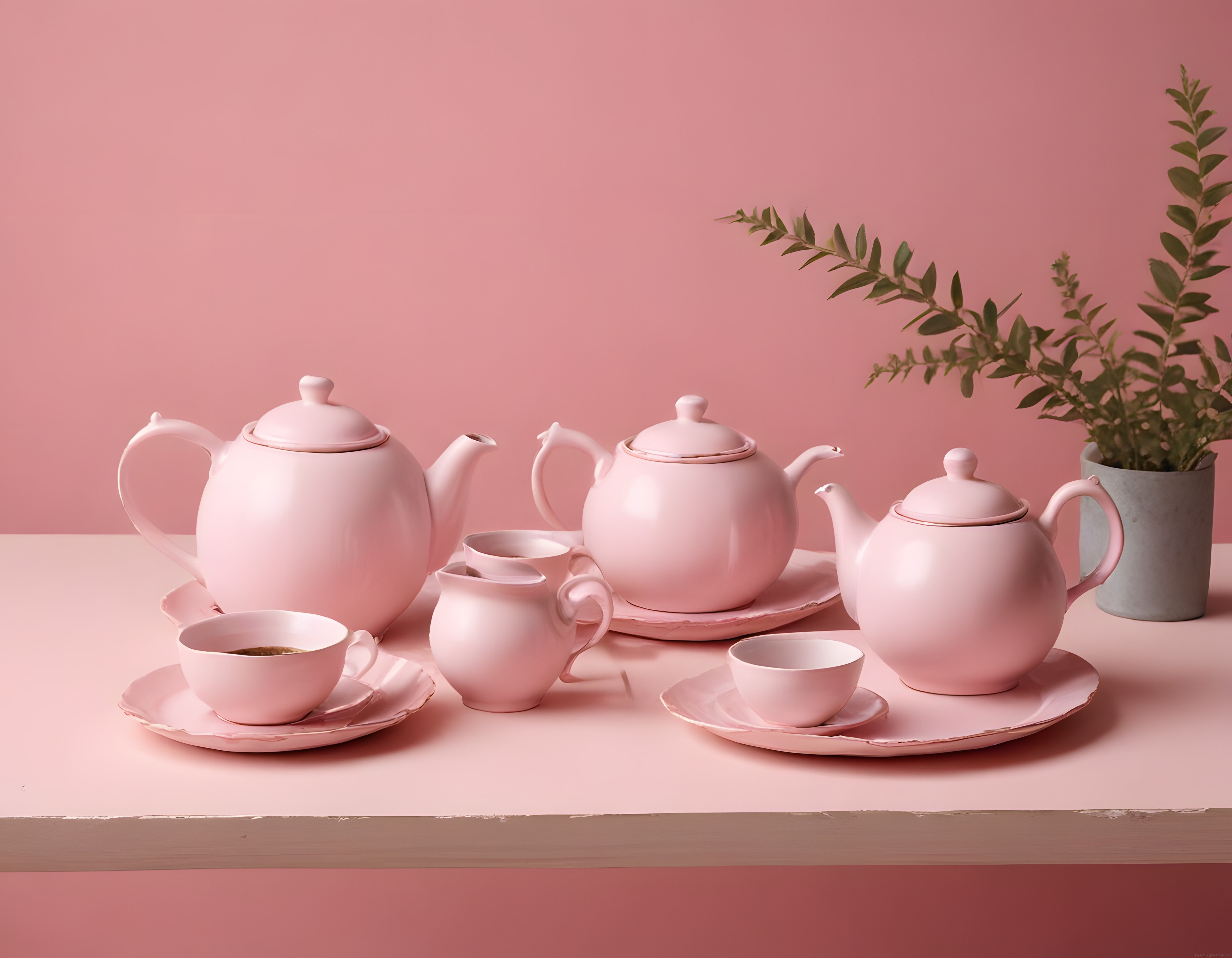 Pembe Tonlarında Şık Çay Seti ve Minimalist Masa Dekoru ile Sakin Bir Atmosfer