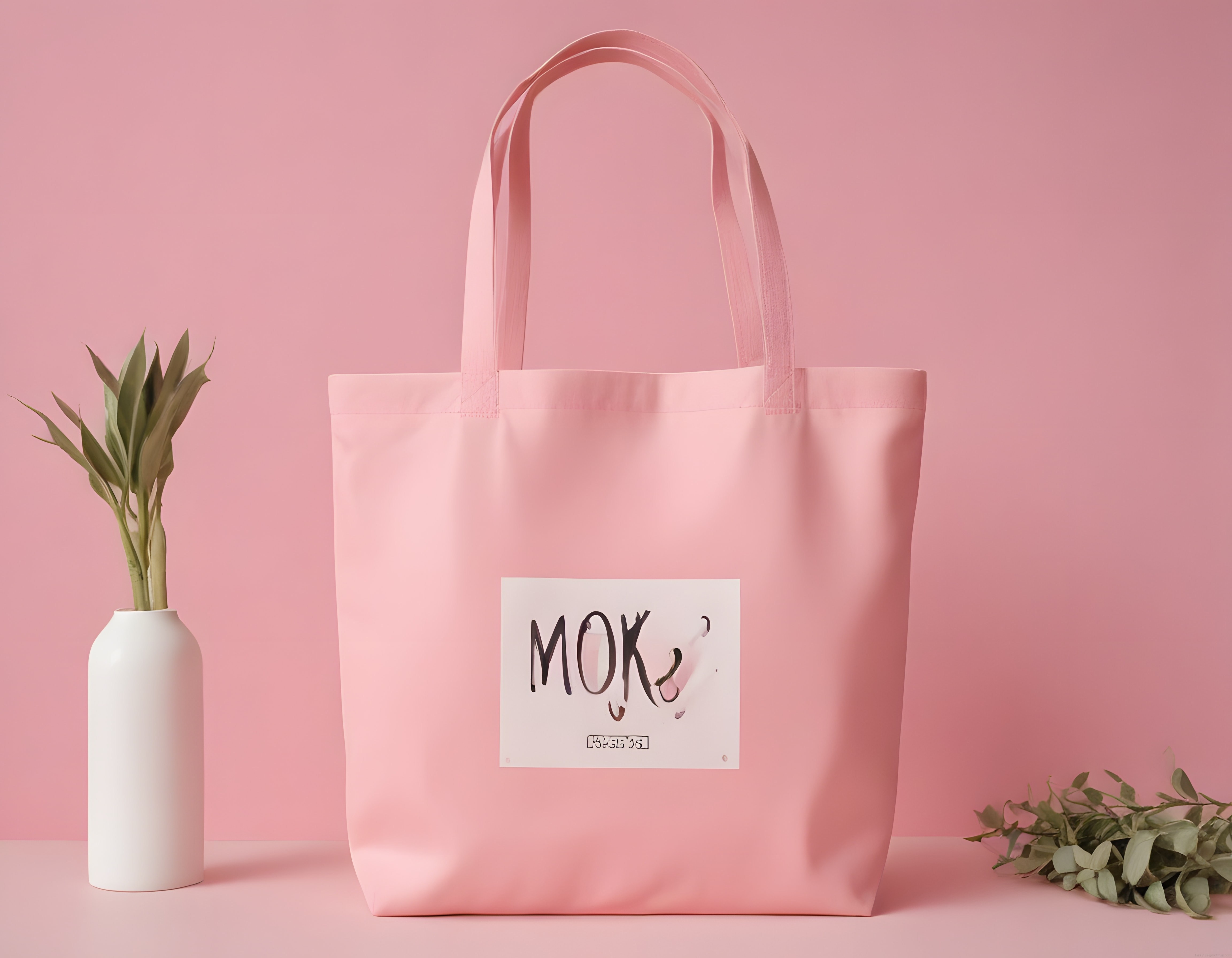 Pembe Tote Çanta Mockup: Minimal Tasarım ve Doğal Bitki Detayları