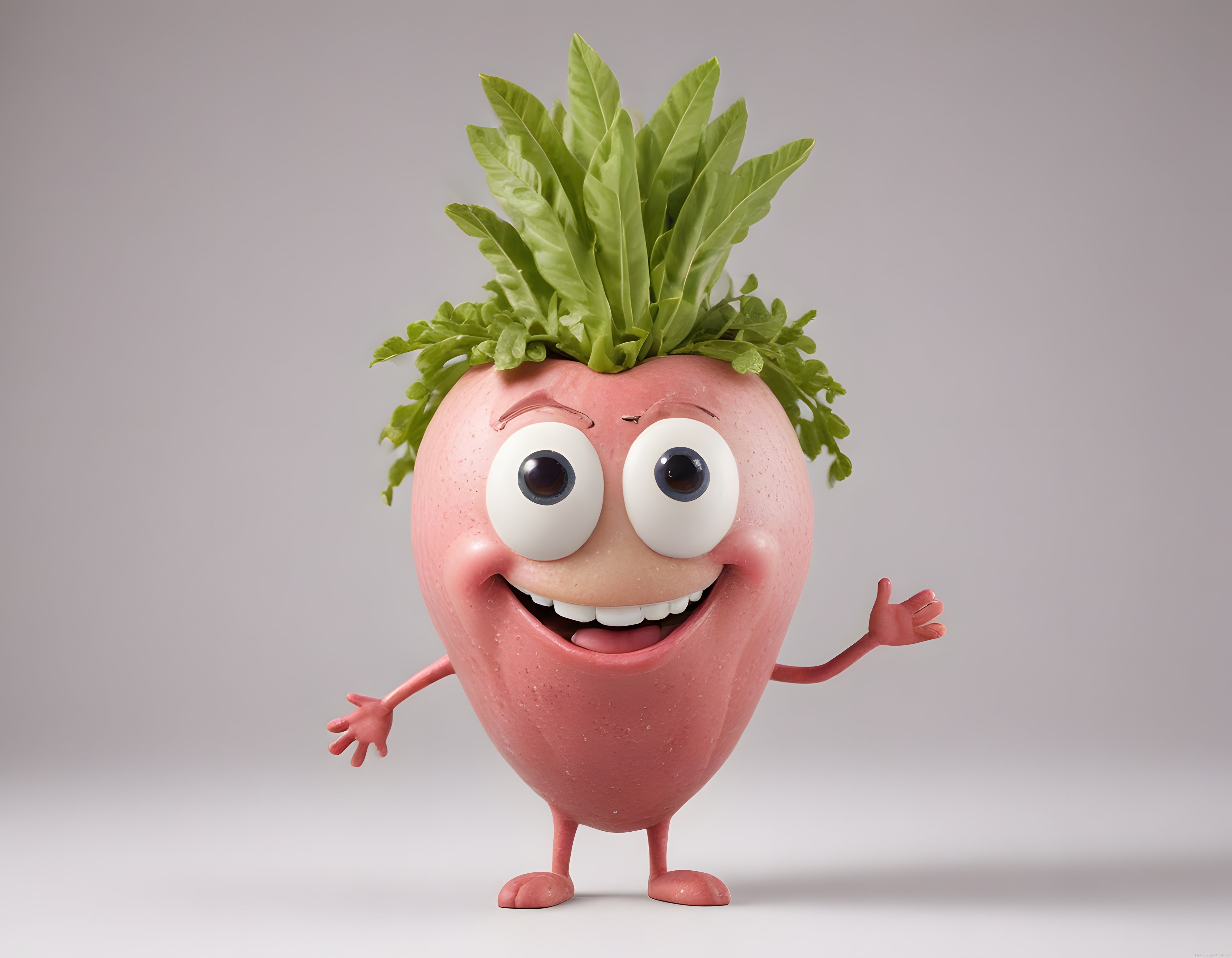 Pembe Turp Maskot: Yeşil Yapraklı Saçlarıyla Eğlenceli 3D Animasyon Karakteri