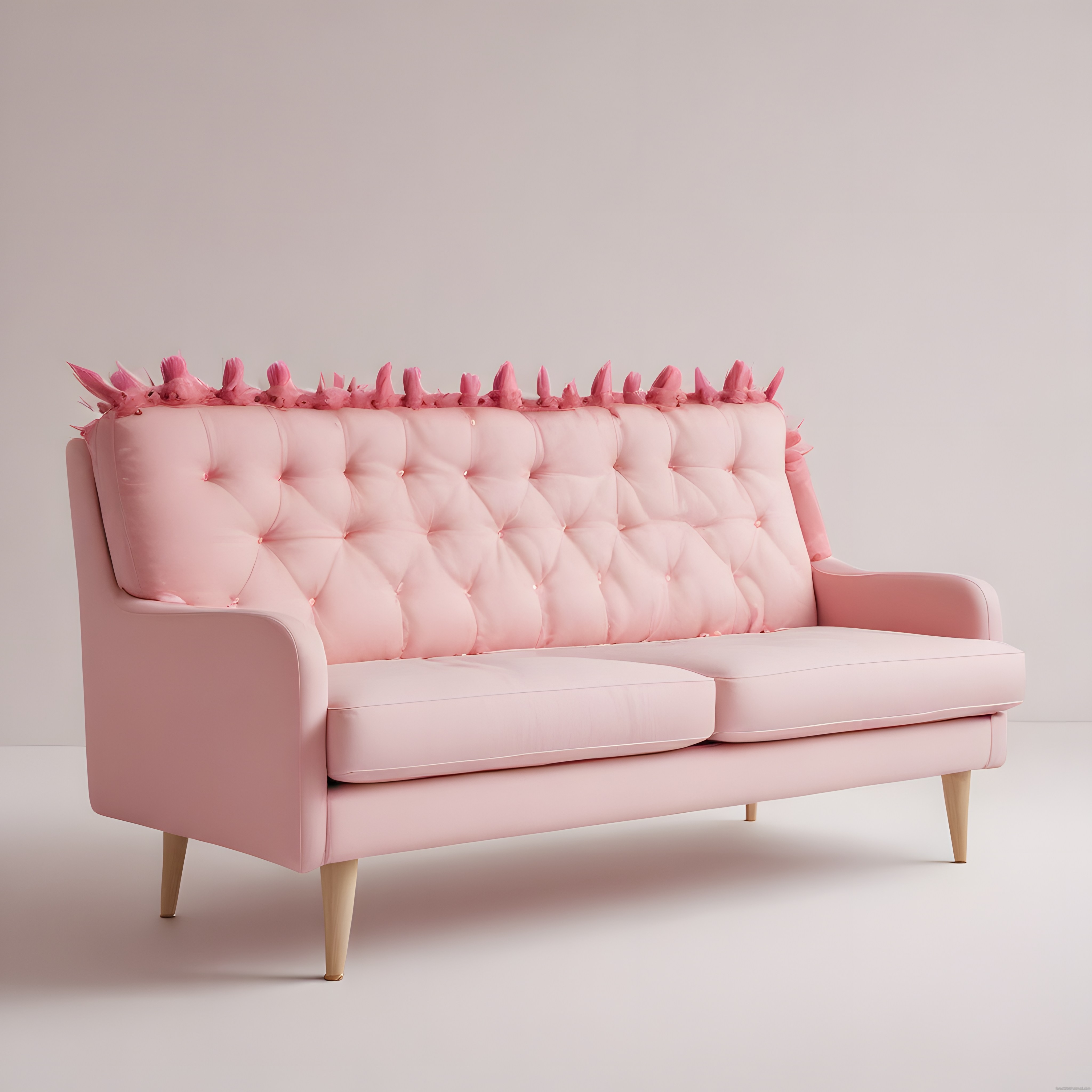 Pembe tüylü kapitone kanepe ile sıcak ve şık salon dekorasyonu