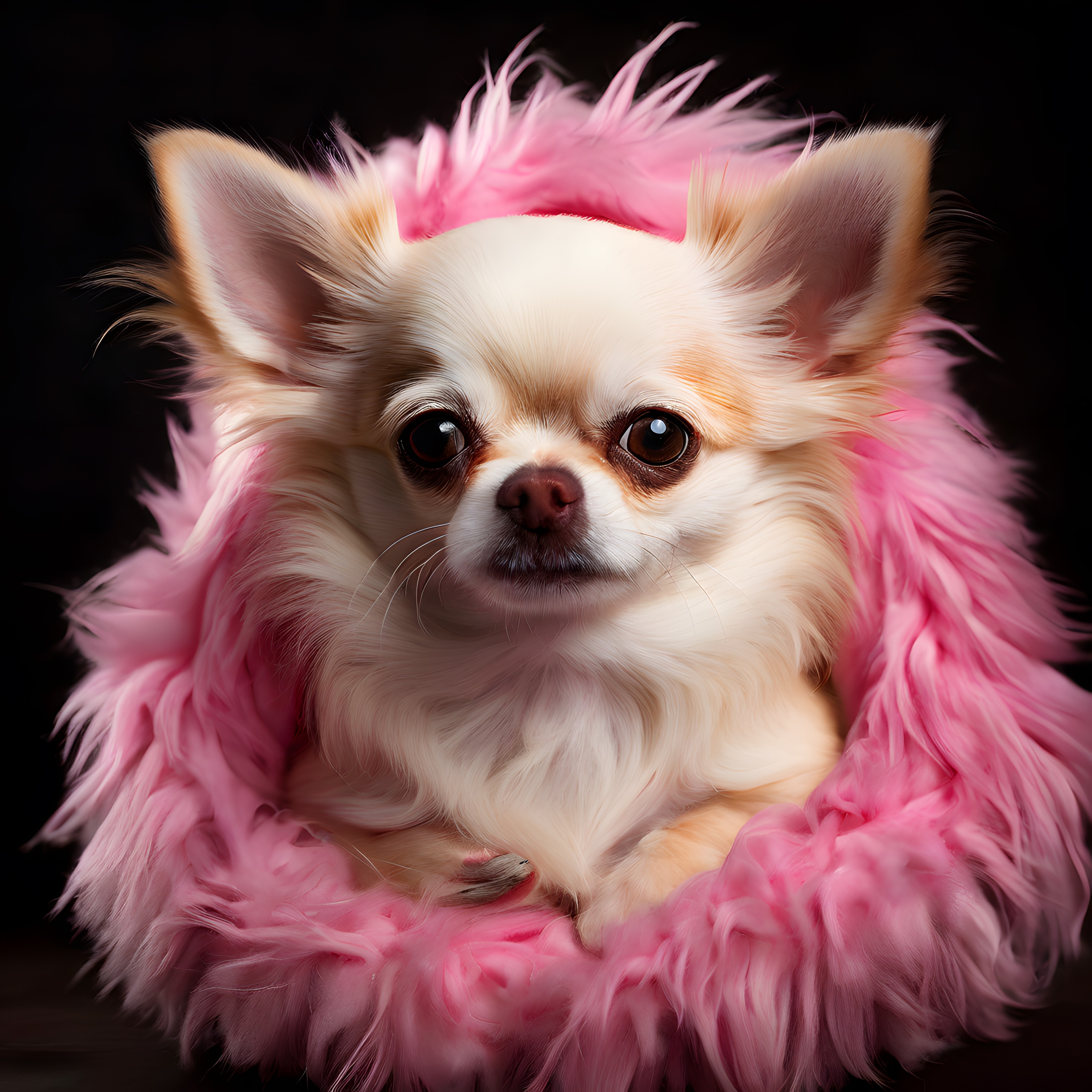 Pembe tüylü şapkalı neşeli chihuahua köpeği stüdyo portre fotoğrafı