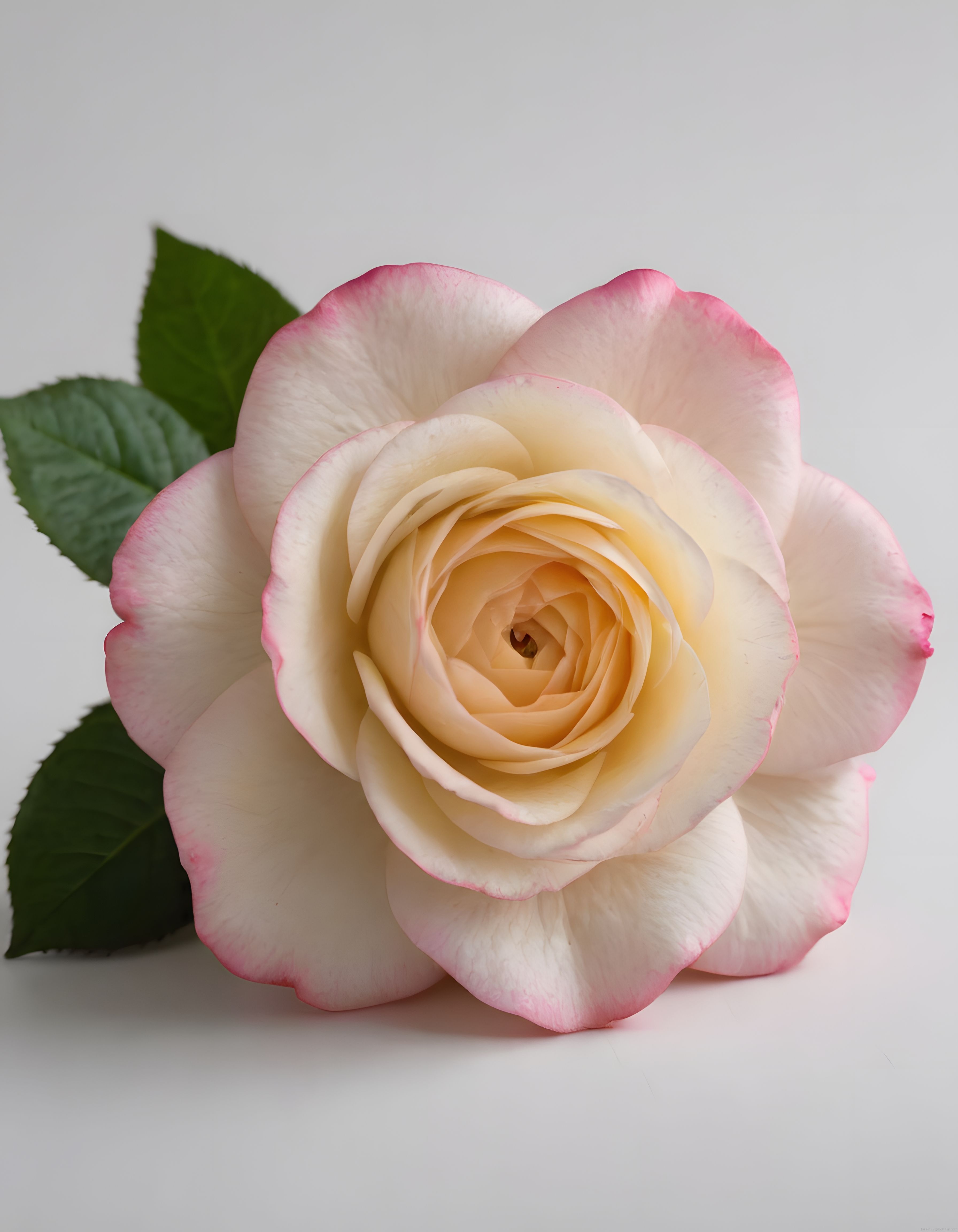 Pembe Uçlu Krem Gül ve Yeşil Yapraklarla Romantik Beyaz Fon Çekimi