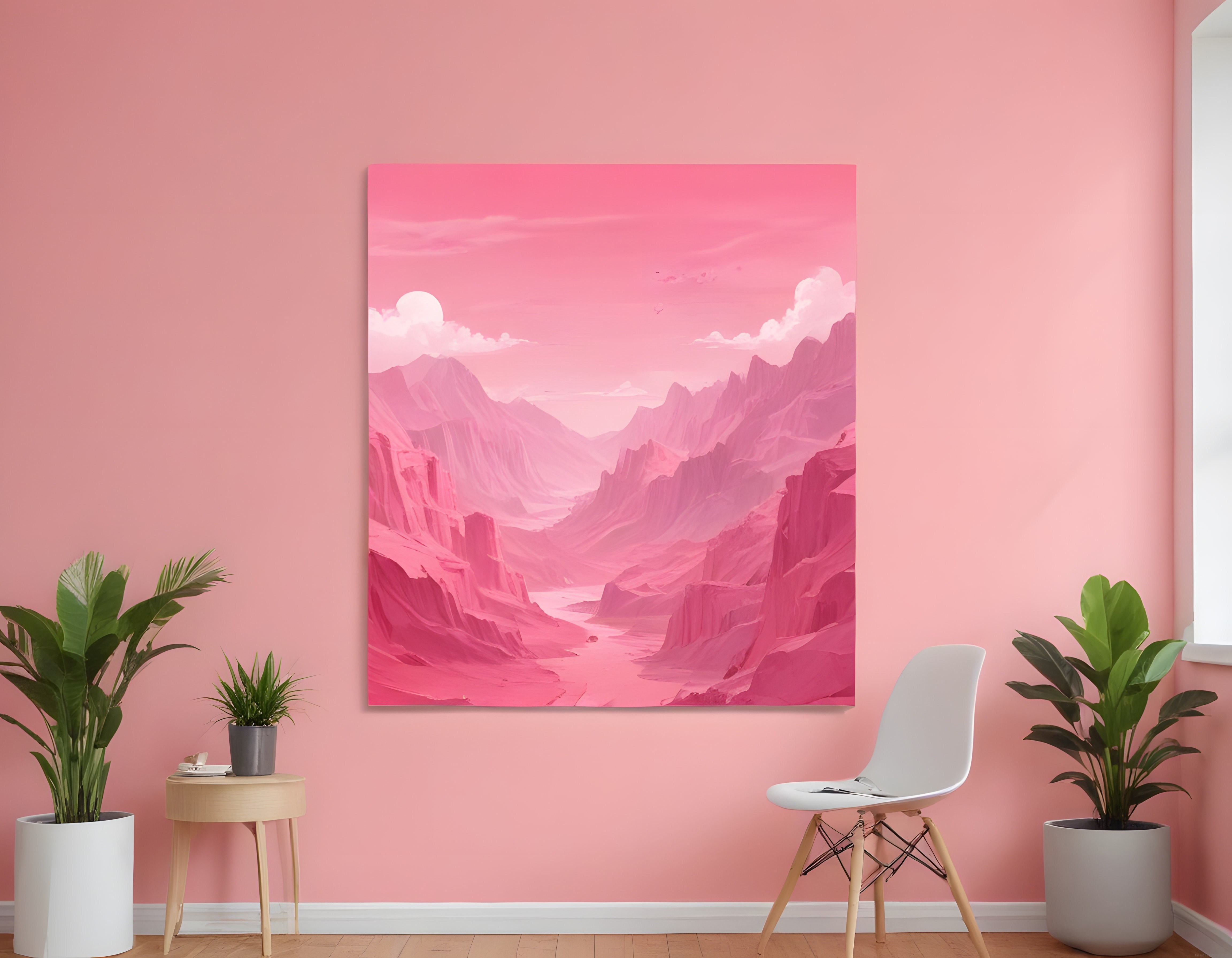 Pembe Vadi Manzaralı Dijital Sanat Eseri ve Modern Oda Dekorasyonu