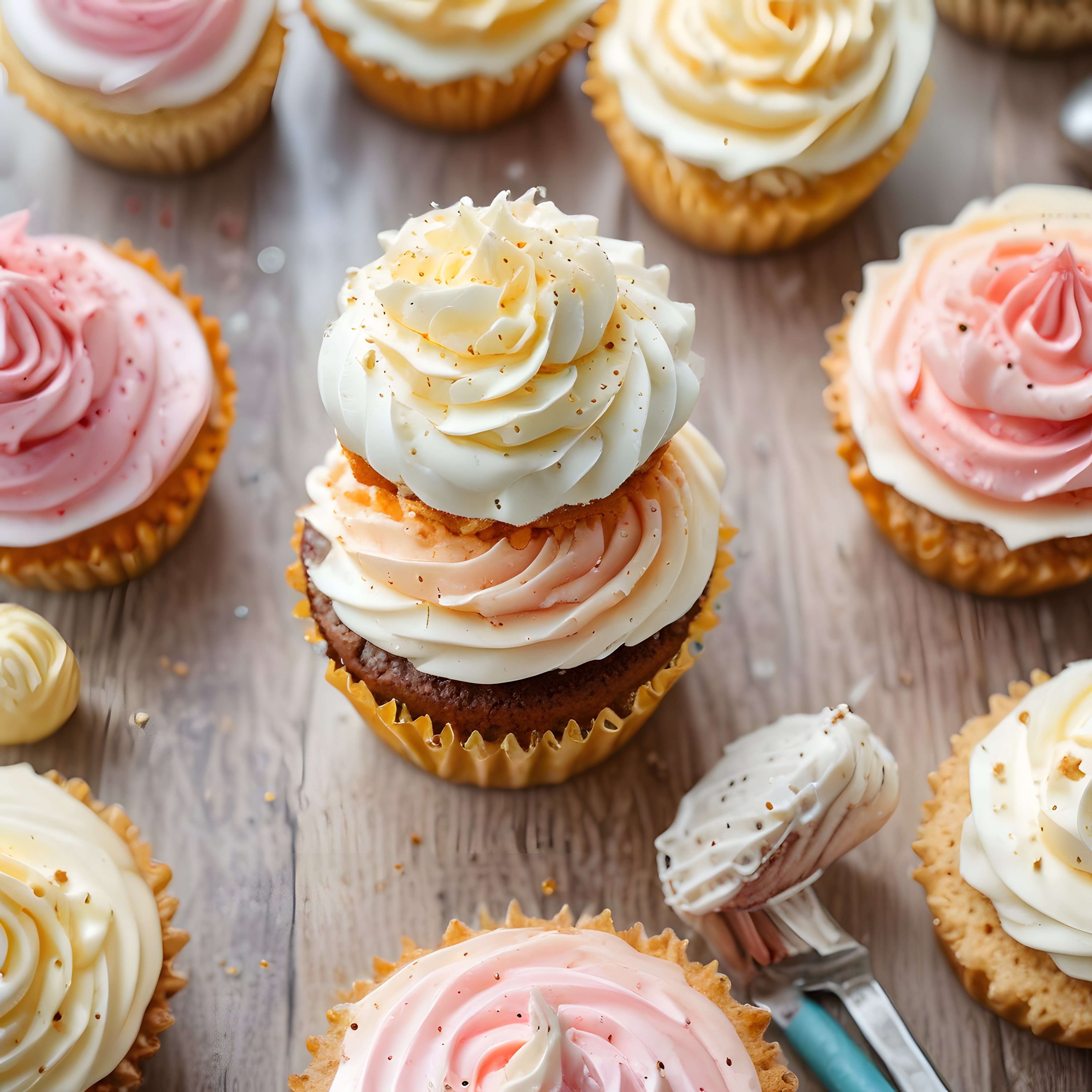 Pembe ve krem kremalı cupcake'ler ahşap masada