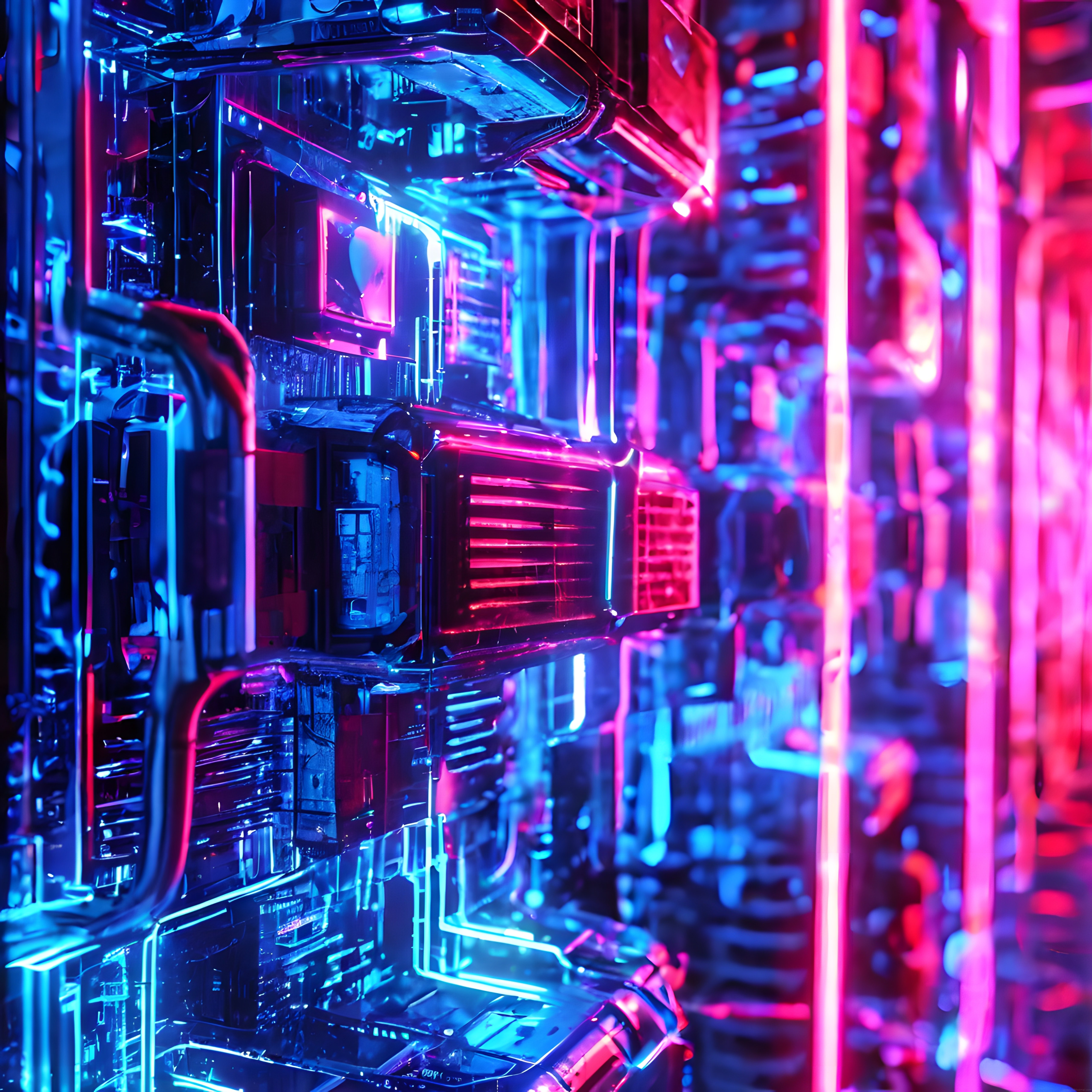 Pembe ve Mavi Neonların Yansıdığı Cyberpunk Dijital Şehir Görseli